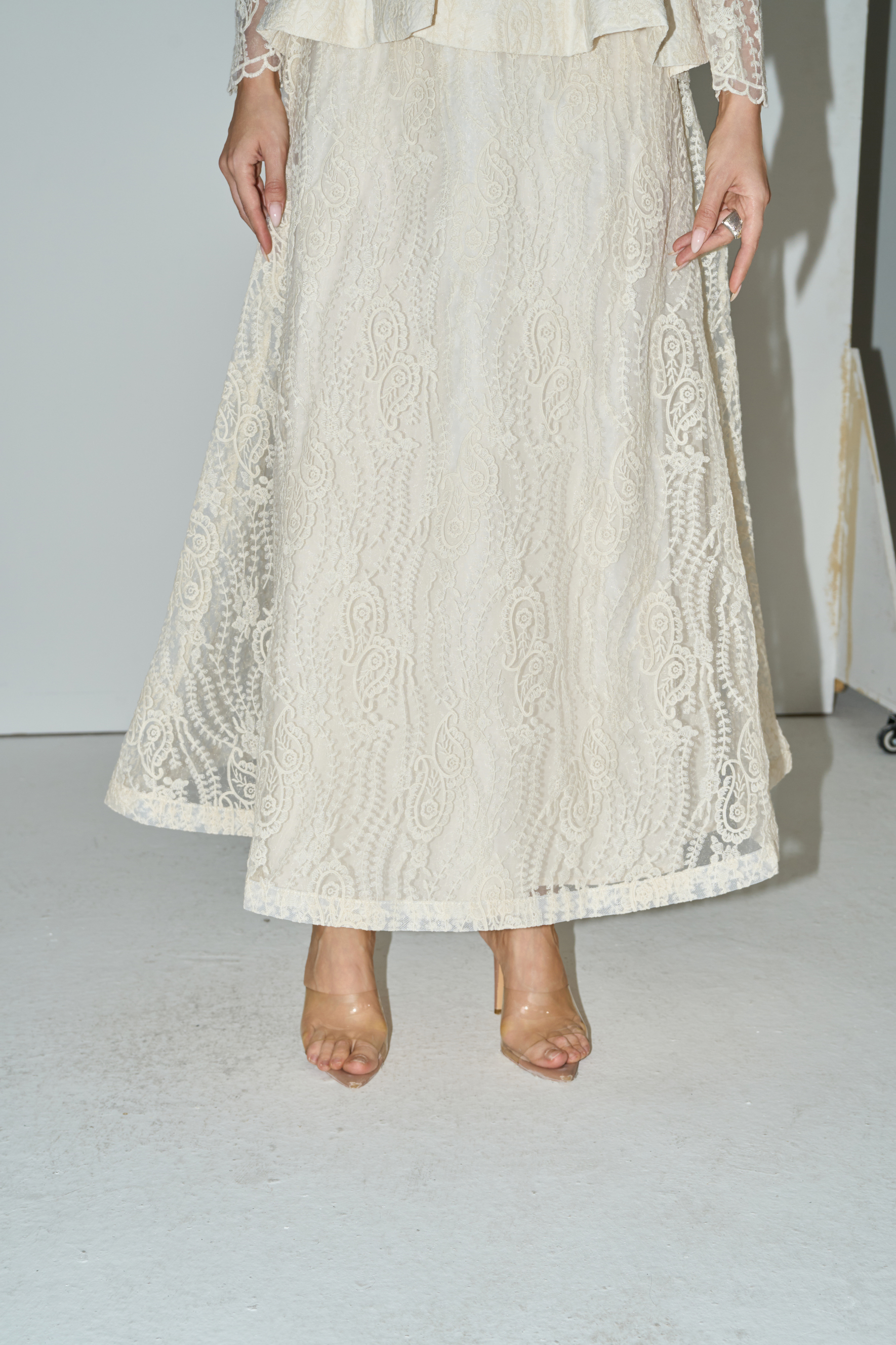 All My Adoration Beige Embroidered Lace Sheer Sleeve Top & Skirt Set