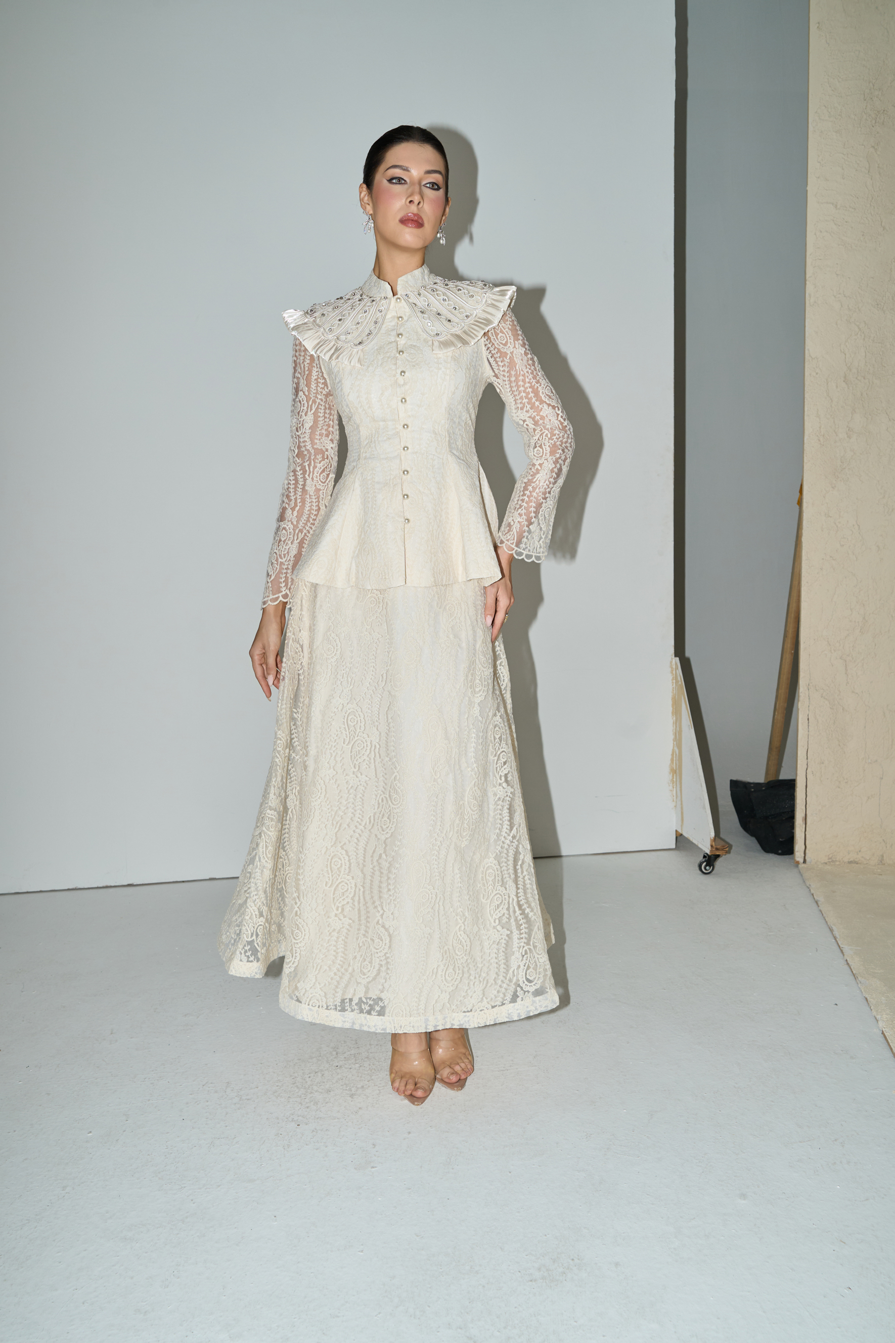 All My Adoration Beige Embroidered Lace Sheer Sleeve Top & Skirt Set