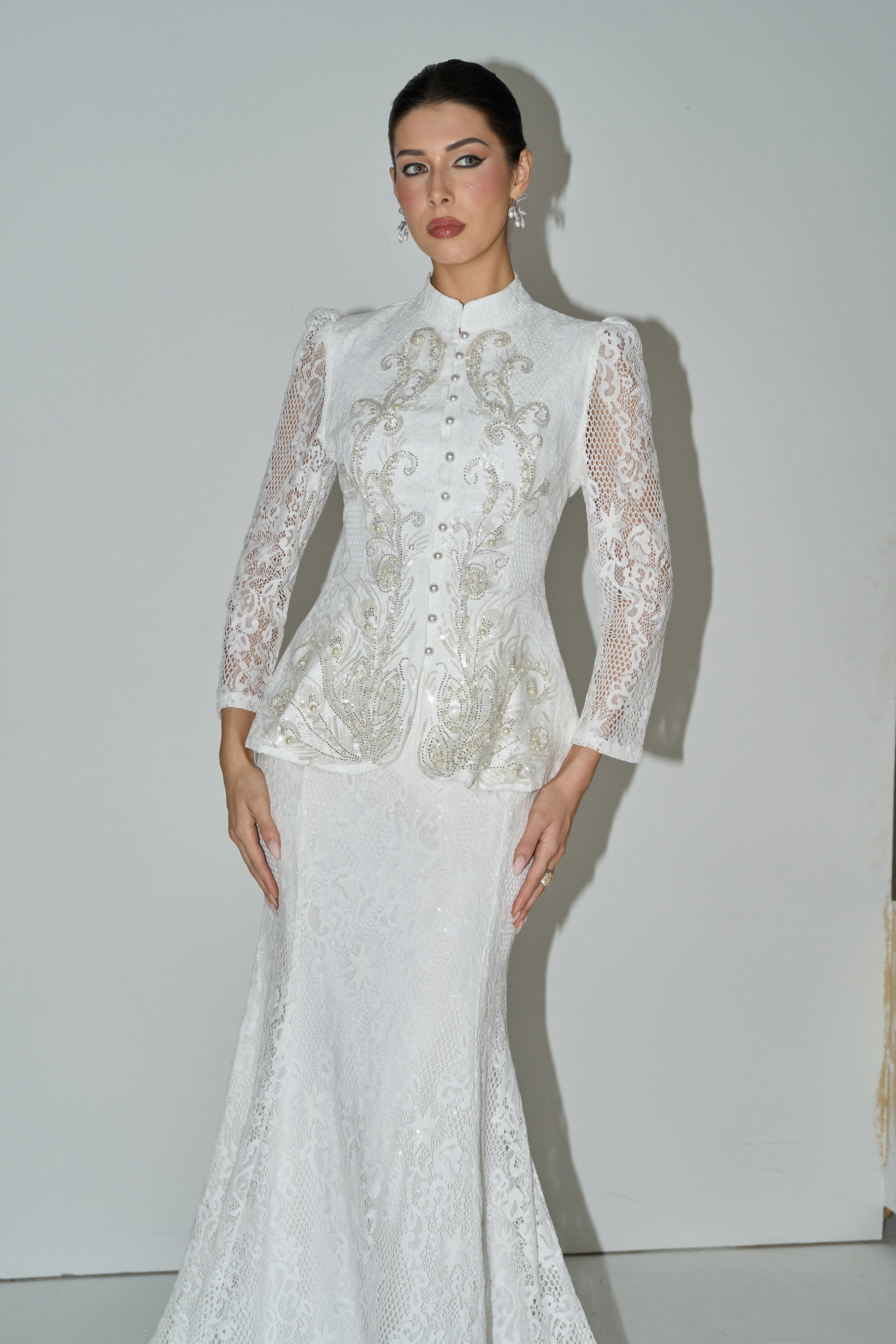 Picturesque Moments White Pearl Embroidered Lace Top & Skirt Set