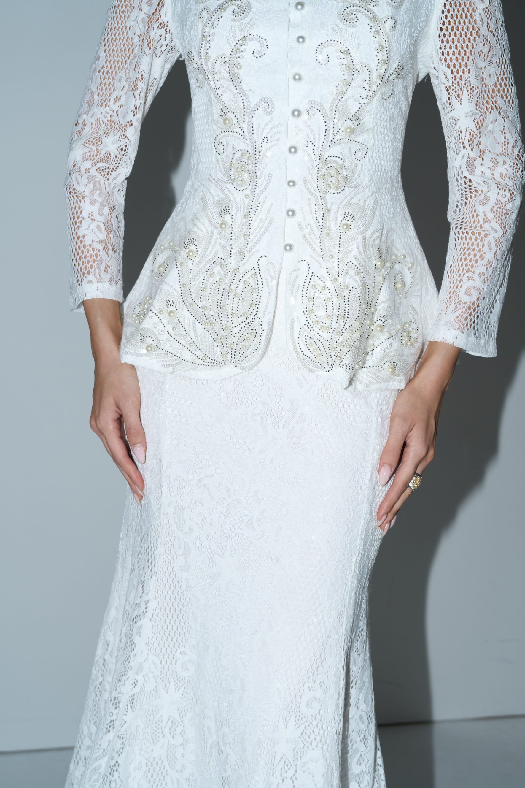 Picturesque Moments White Pearl Embroidered Lace Top & Skirt Set