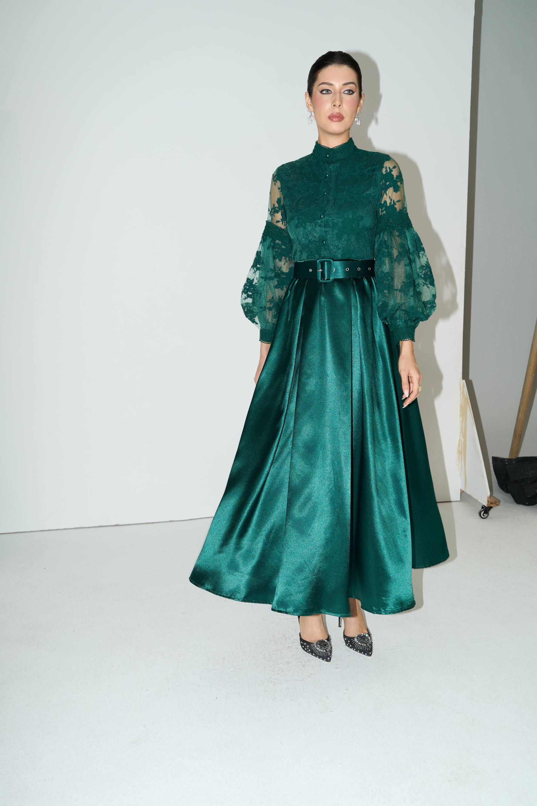 Perfectly Flirtatious Green Sheer Lace Sleeve Maxi Dress