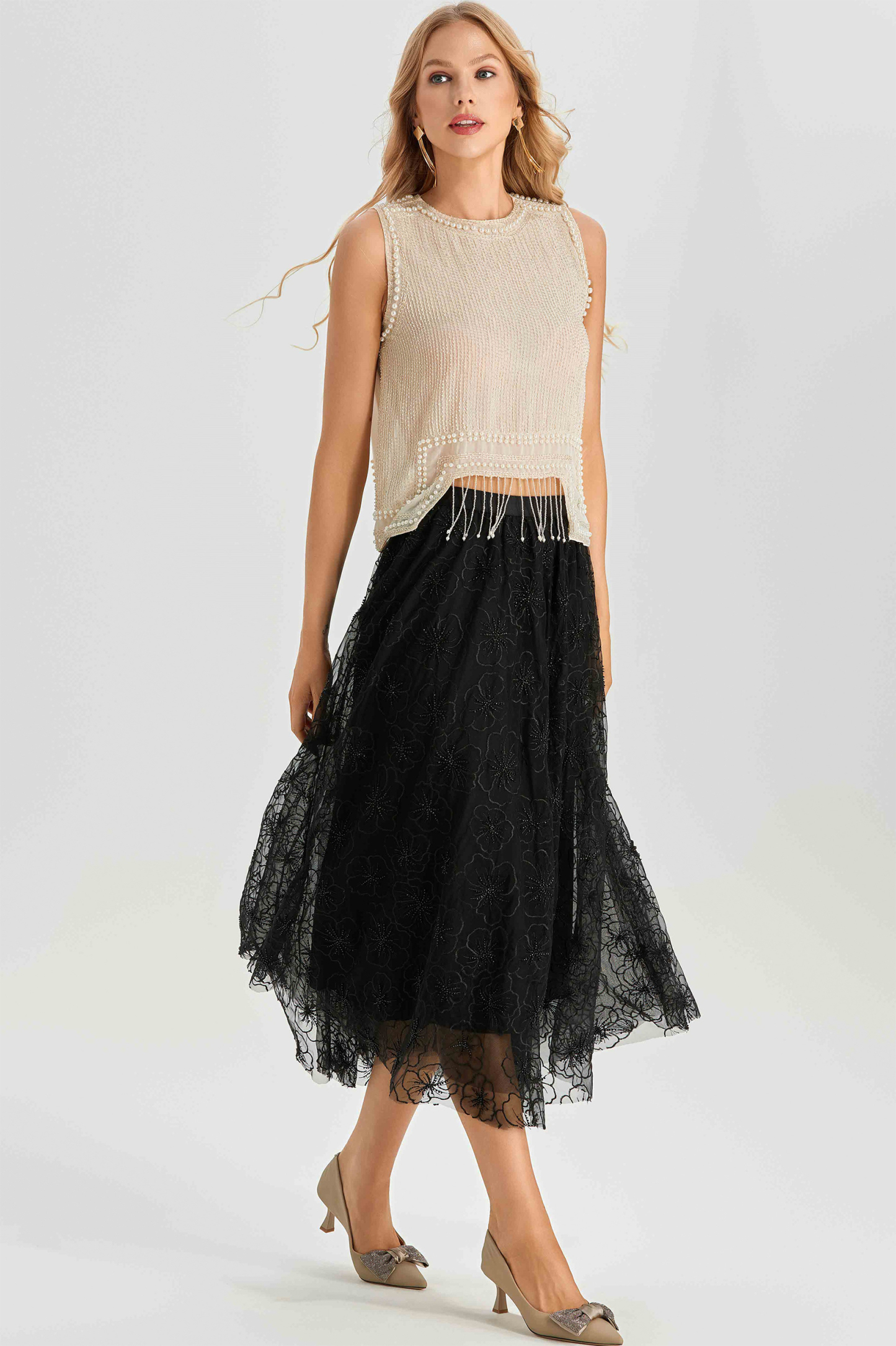 Alina Sleeveless Pearl Trim Fringe Top