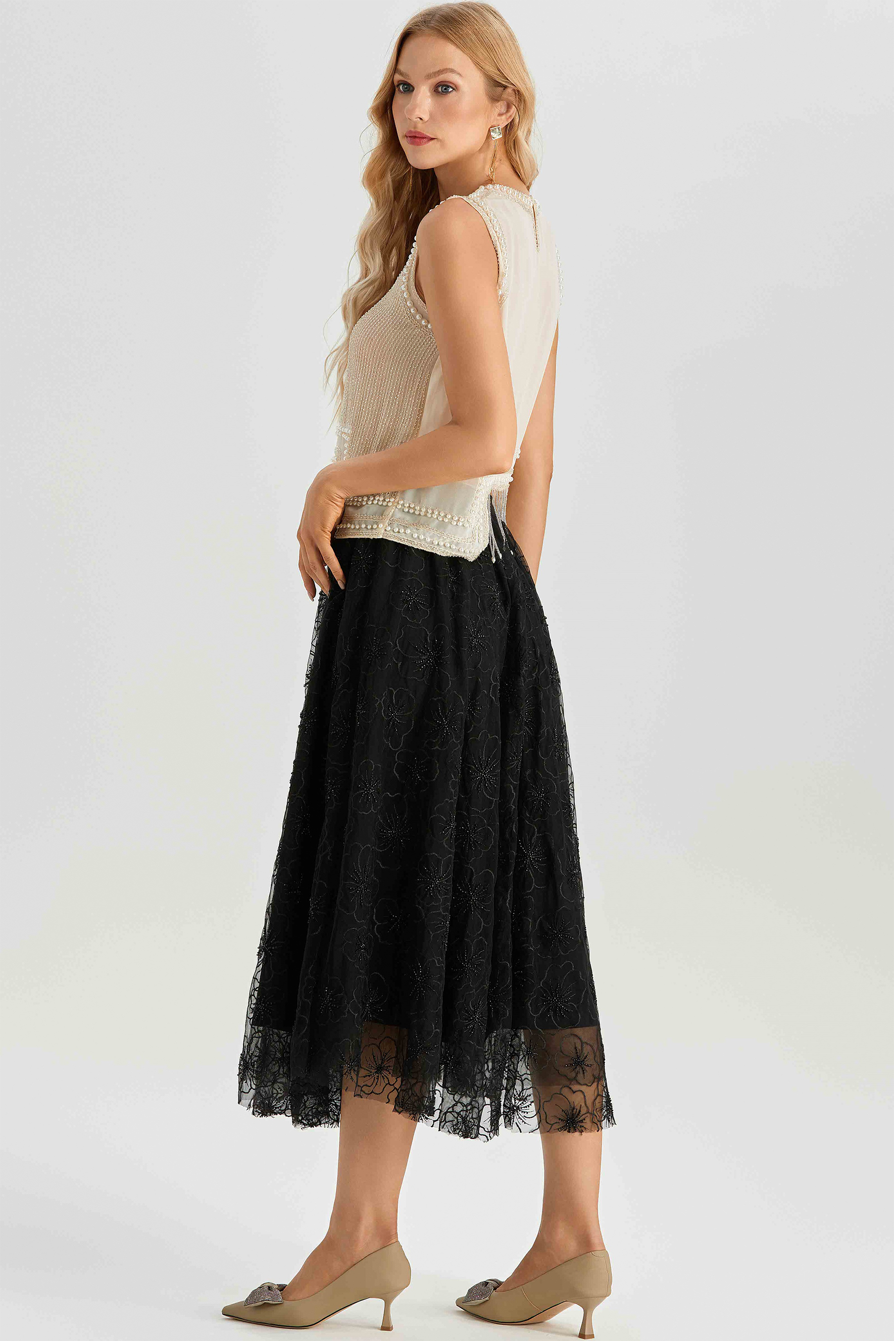 Alina Sleeveless Pearl Trim Fringe Top