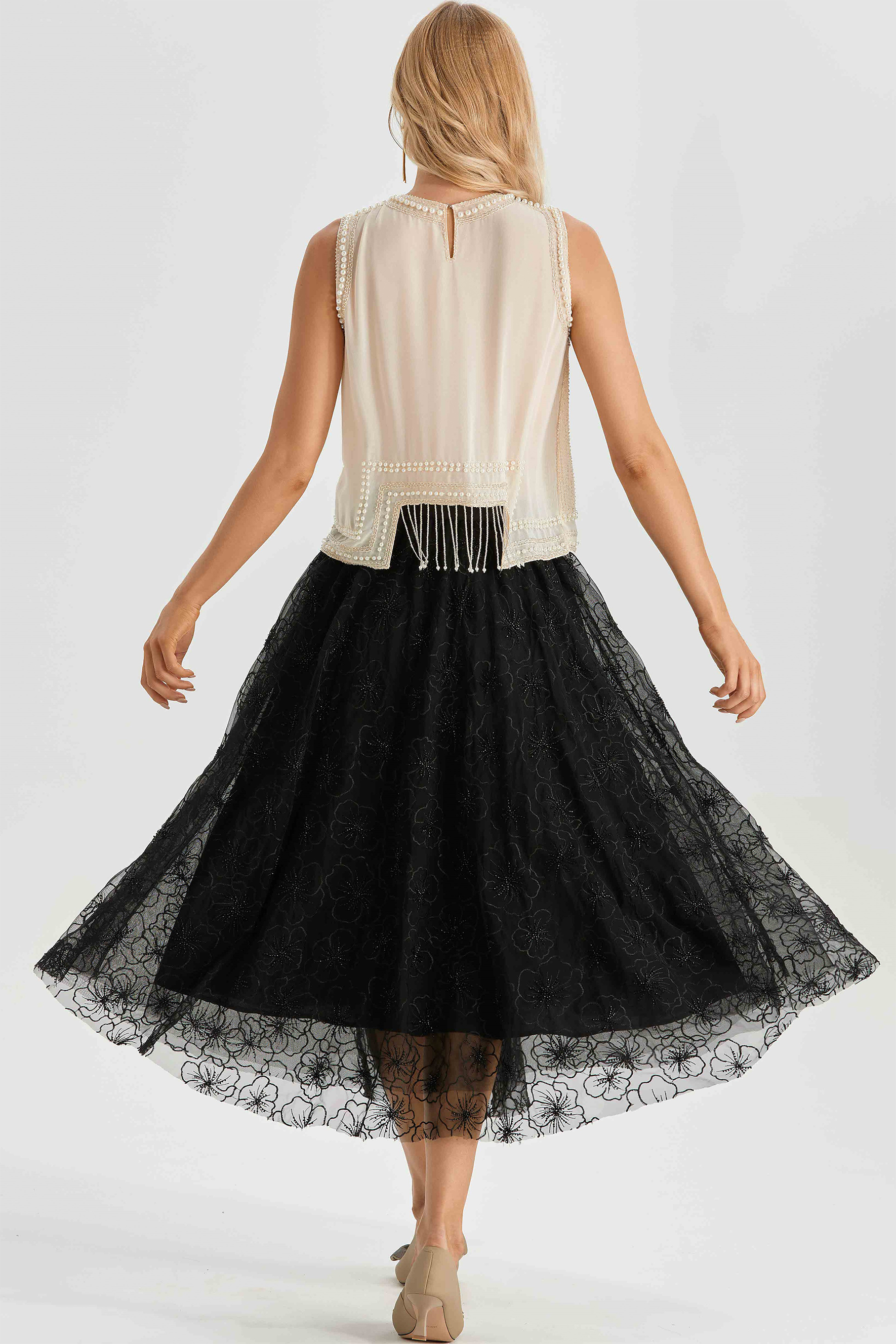 Alina Sleeveless Pearl Trim Fringe Top