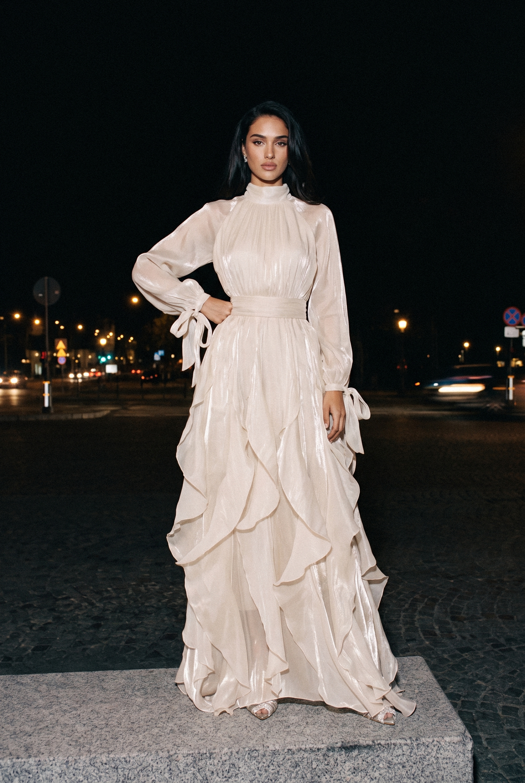 Estella Puff Sleeve Ruffle Trim Maxi Dress