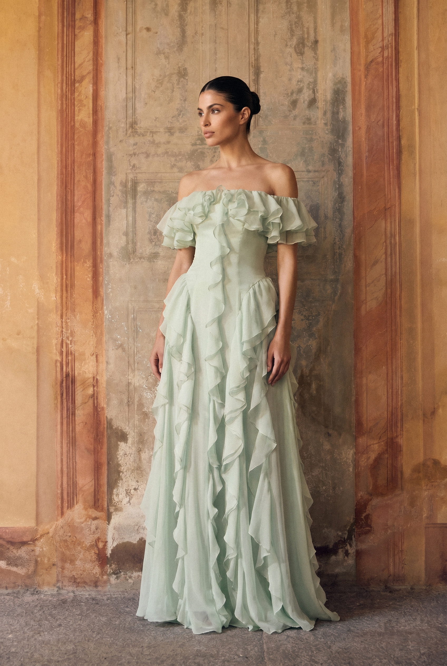 Every Love Song Green Off-The-Shoulder Ruffle Maxi Dress