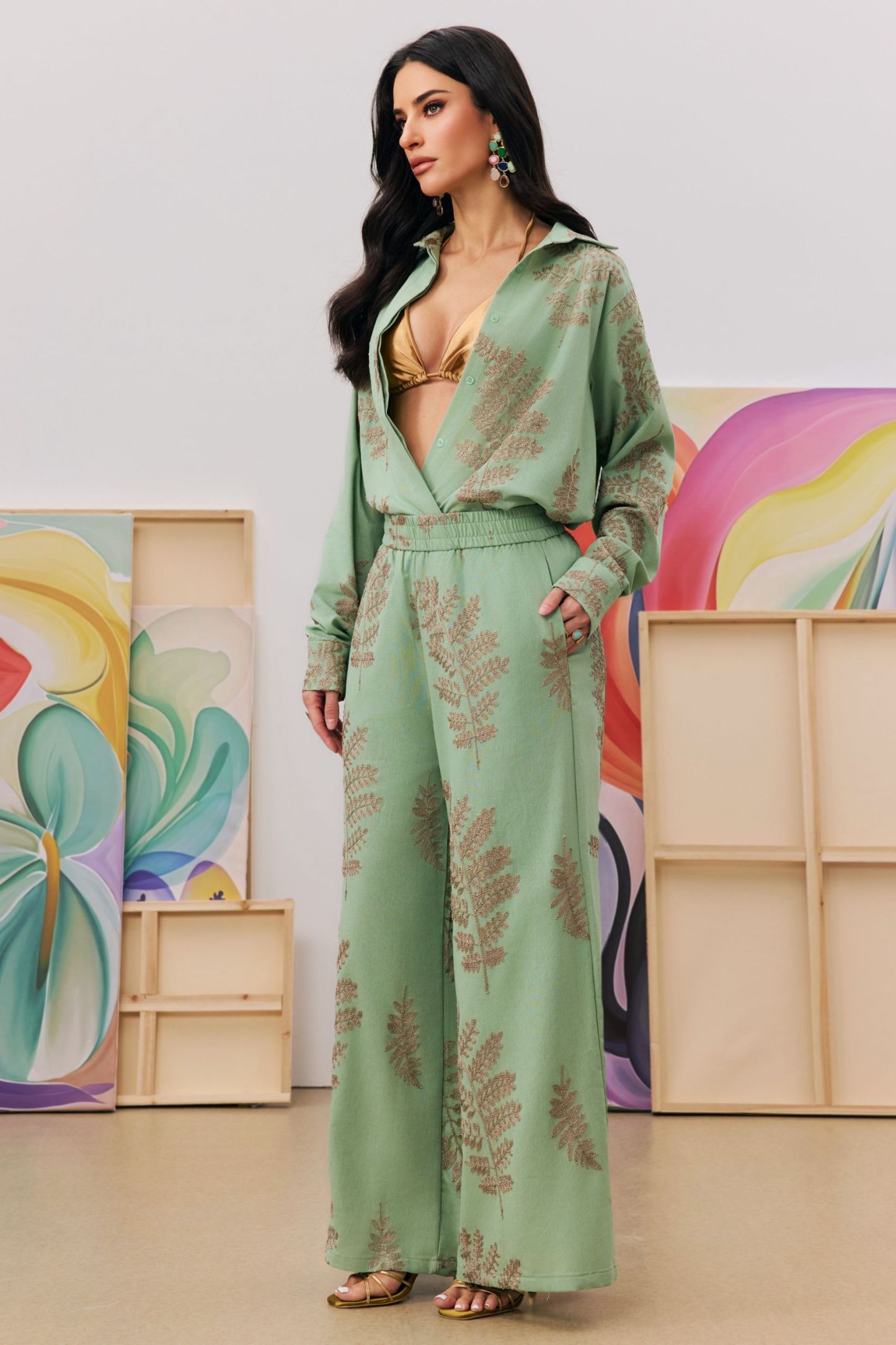 Anastasia Leaf Print Shirt & Wide Leg Pants Set