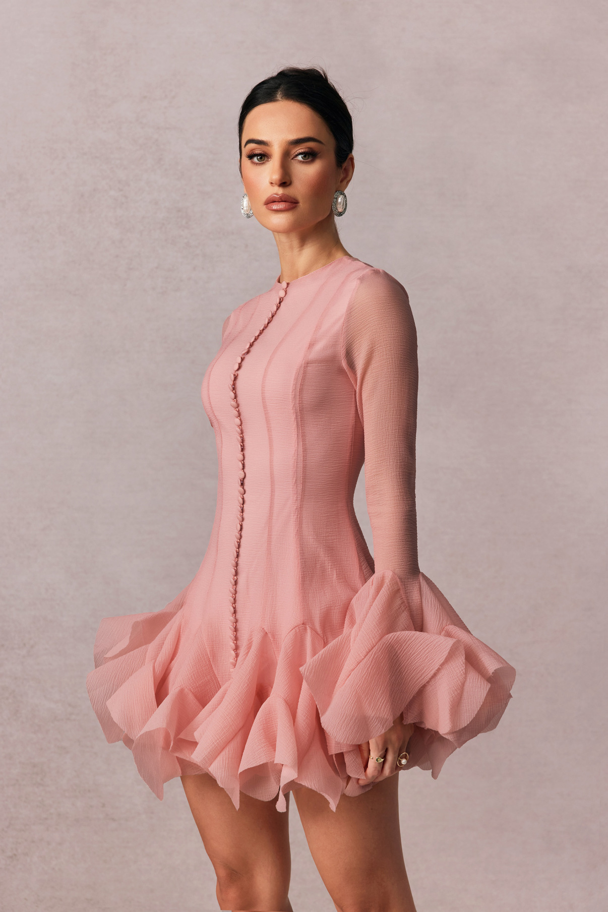 Solara Tiered Mini Dress – Sheer Ruffle Long Sleeve Look