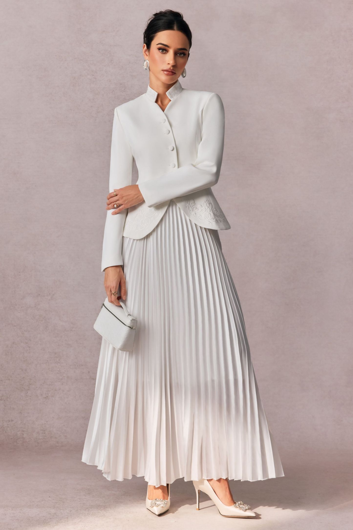 sunfere Christine Embroidery Skirt Set | White Pleated Mother's Day Look - sunfere