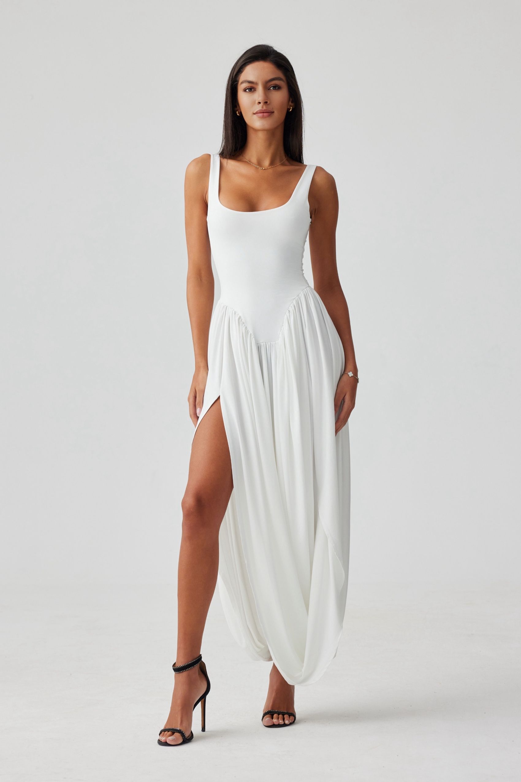 Scoop Neck Asymmetrical Hem Dress｜White Beach Vacation Dresses - sunfere
