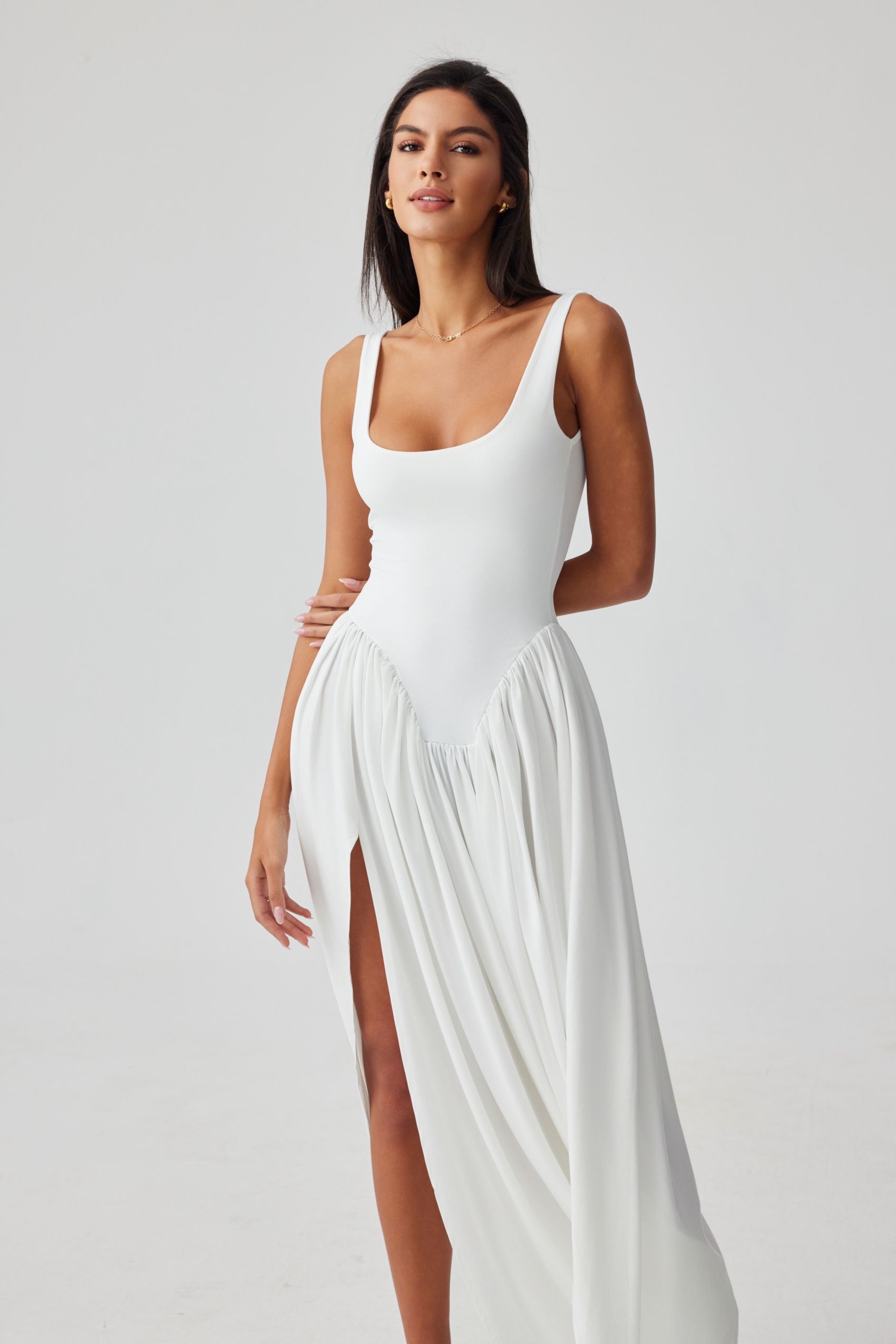 Aurora Scoop Neck Asymmetrical Hem Maxi Dress