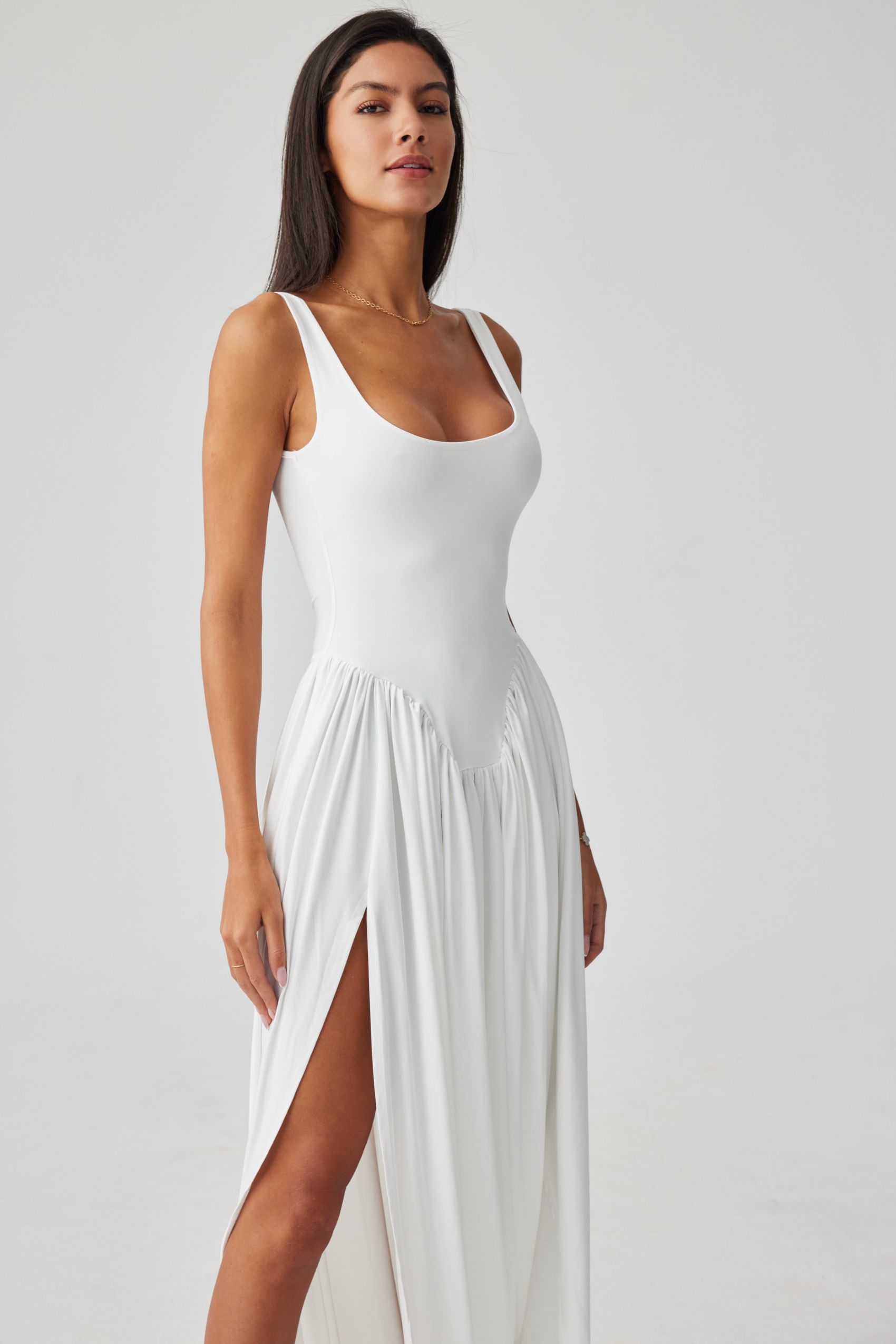 Aurora Scoop Neck Asymmetrical Hem Maxi Dress