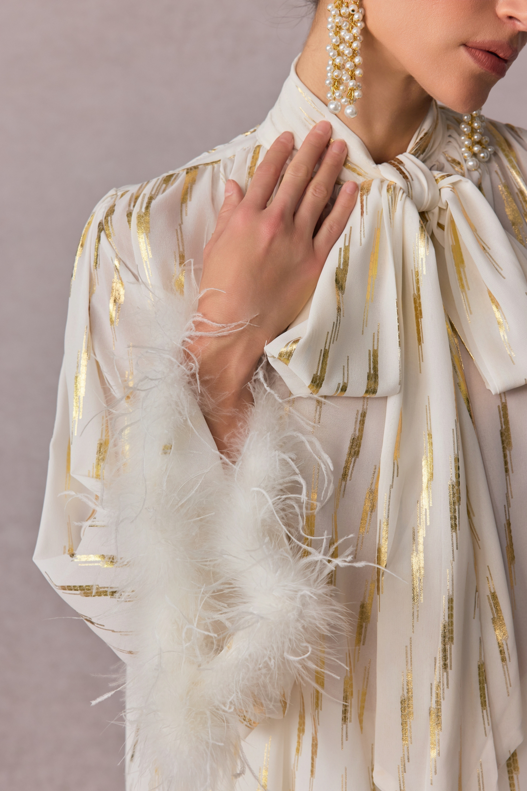 Tracy Stripe Print Feather Cuff Blouse