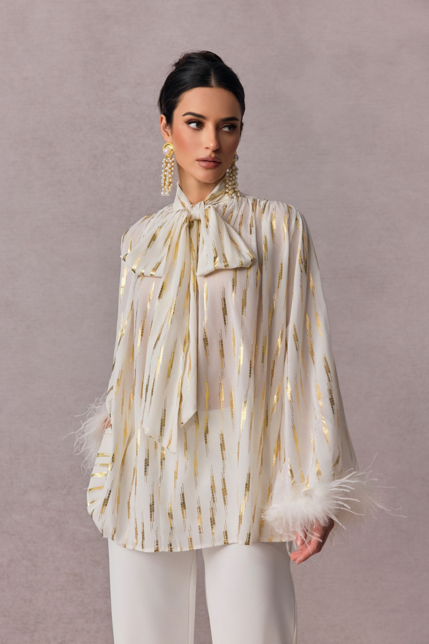 Tracy Stripe Print Feather Cuff Blouse