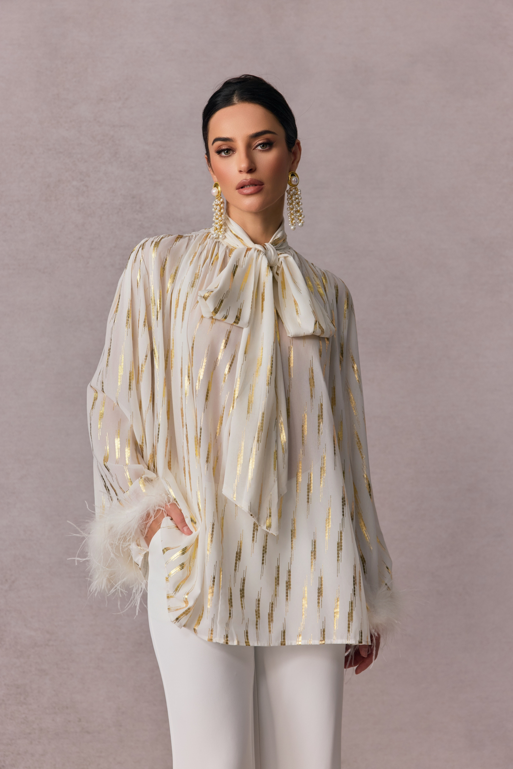 Tracy Stripe Print Feather Cuff Blouse