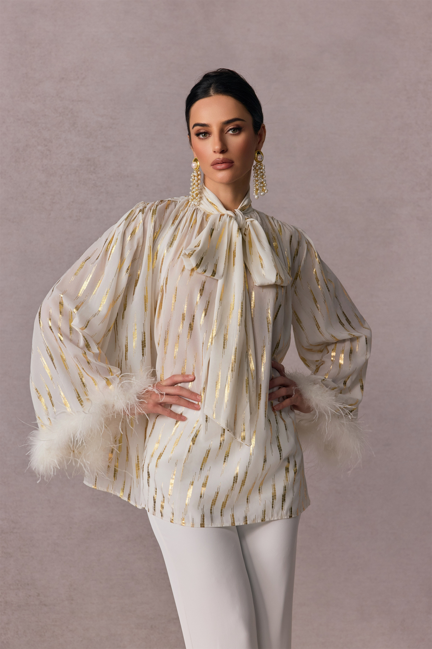 Tracy Stripe Print Feather Cuff Blouse