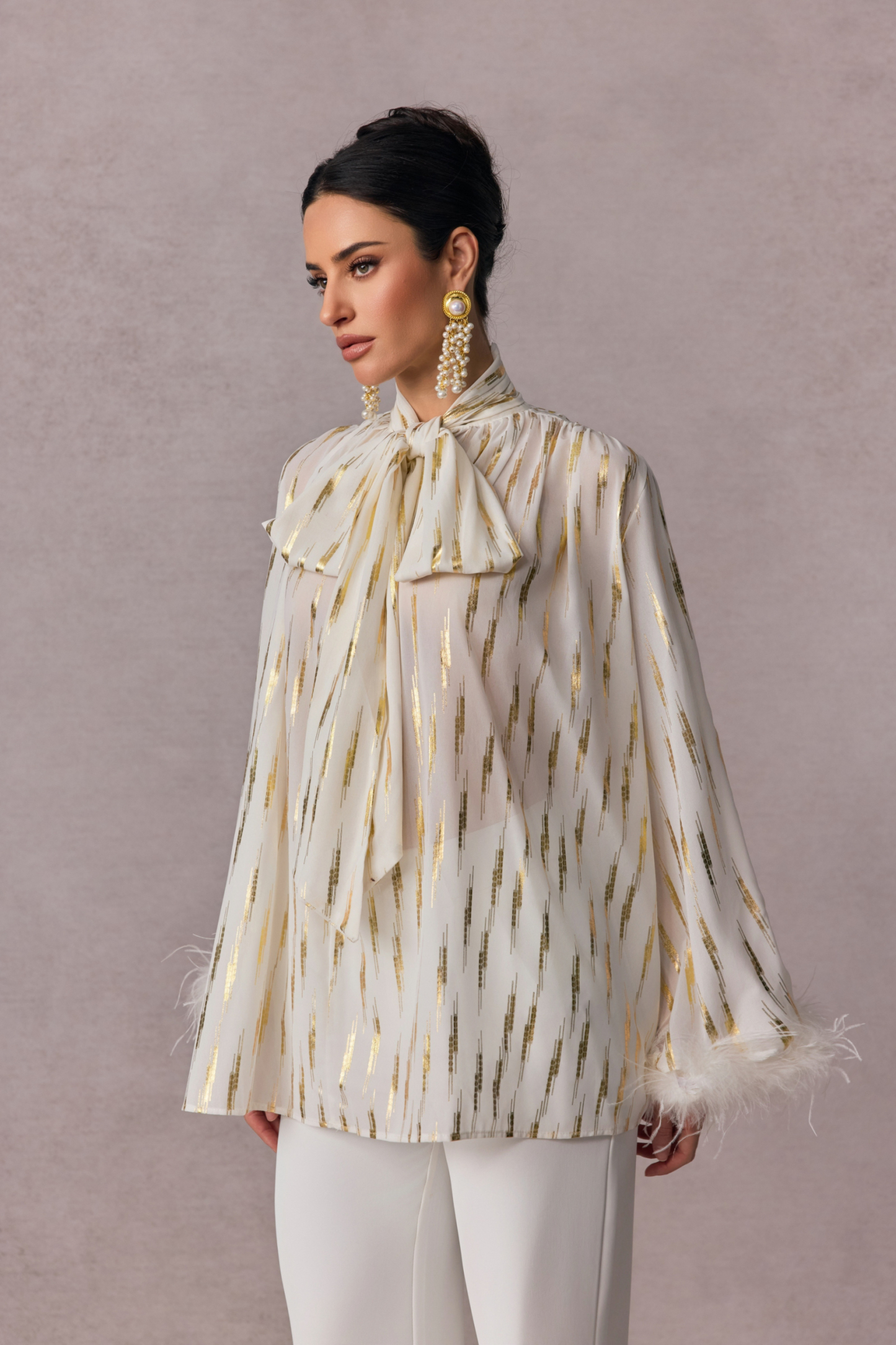 Tracy Stripe Print Feather Cuff Blouse