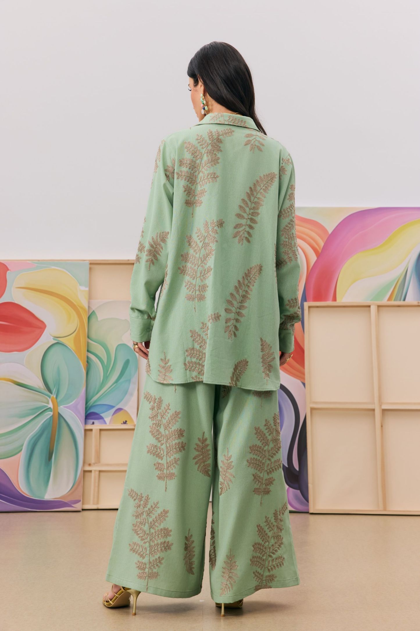 Anastasia Leaf Print Shirt & Wide Leg Pants Set