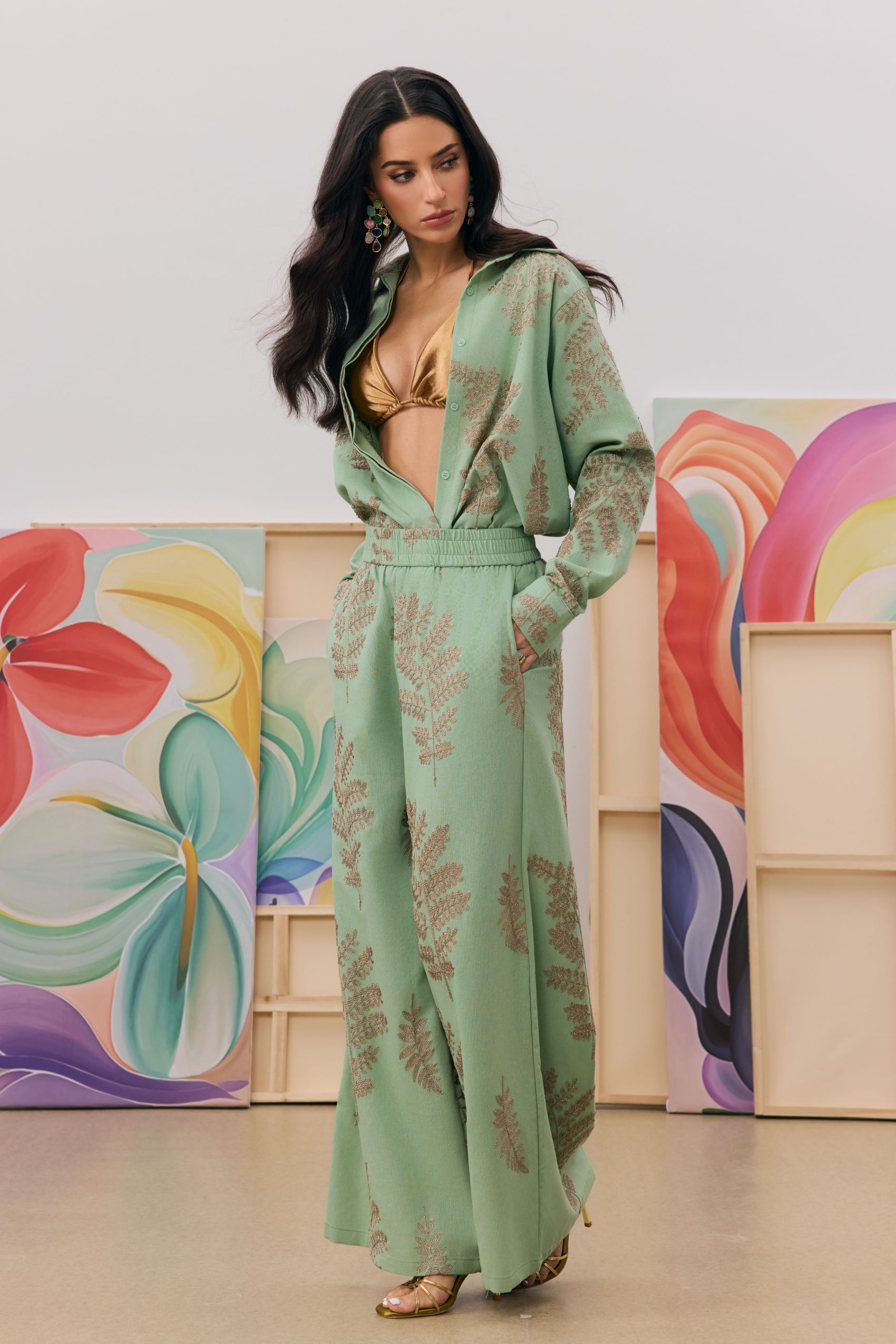 Anastasia Leaf Print Shirt & Wide Leg Pants Set