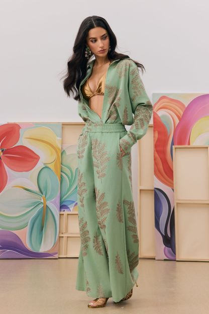 Anastasia Leaf Print Shirt & Wide Leg Pants Set