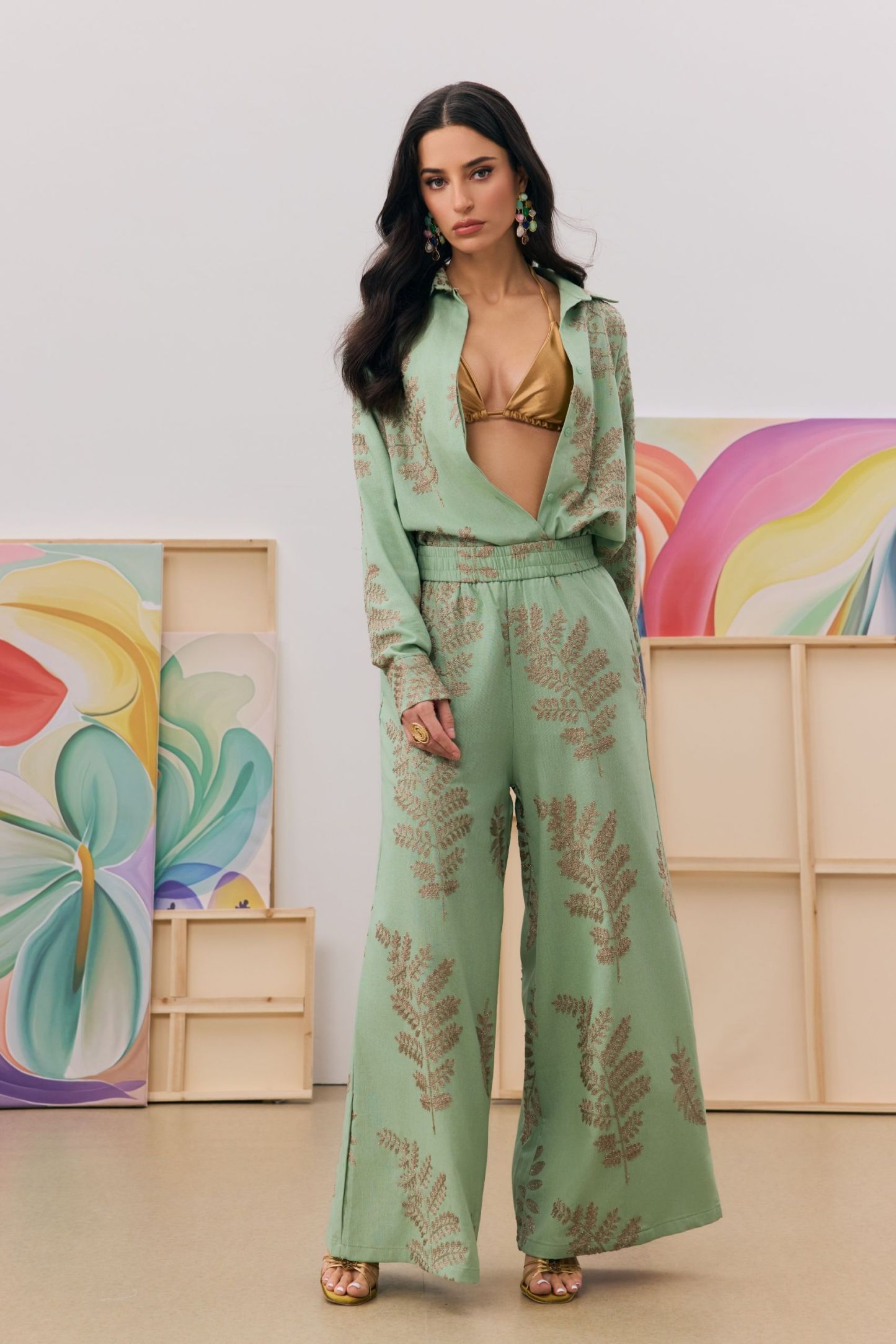 Anastasia Leaf Print Shirt & Wide Leg Pants Set