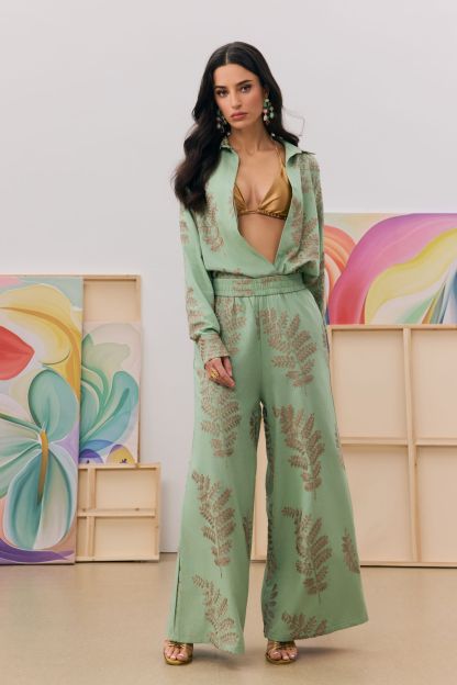 Anastasia Leaf Print Shirt & Wide Leg Pants Set