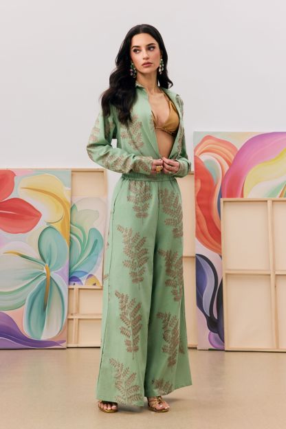 Anastasia Leaf Print Shirt & Wide Leg Pants Set