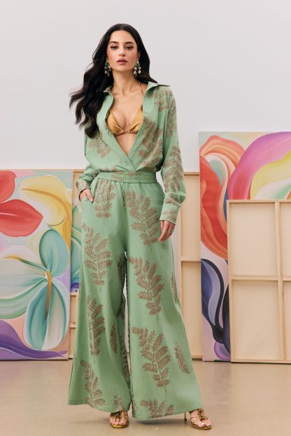 Anastasia Leaf Print Shirt & Wide Leg Pants Set