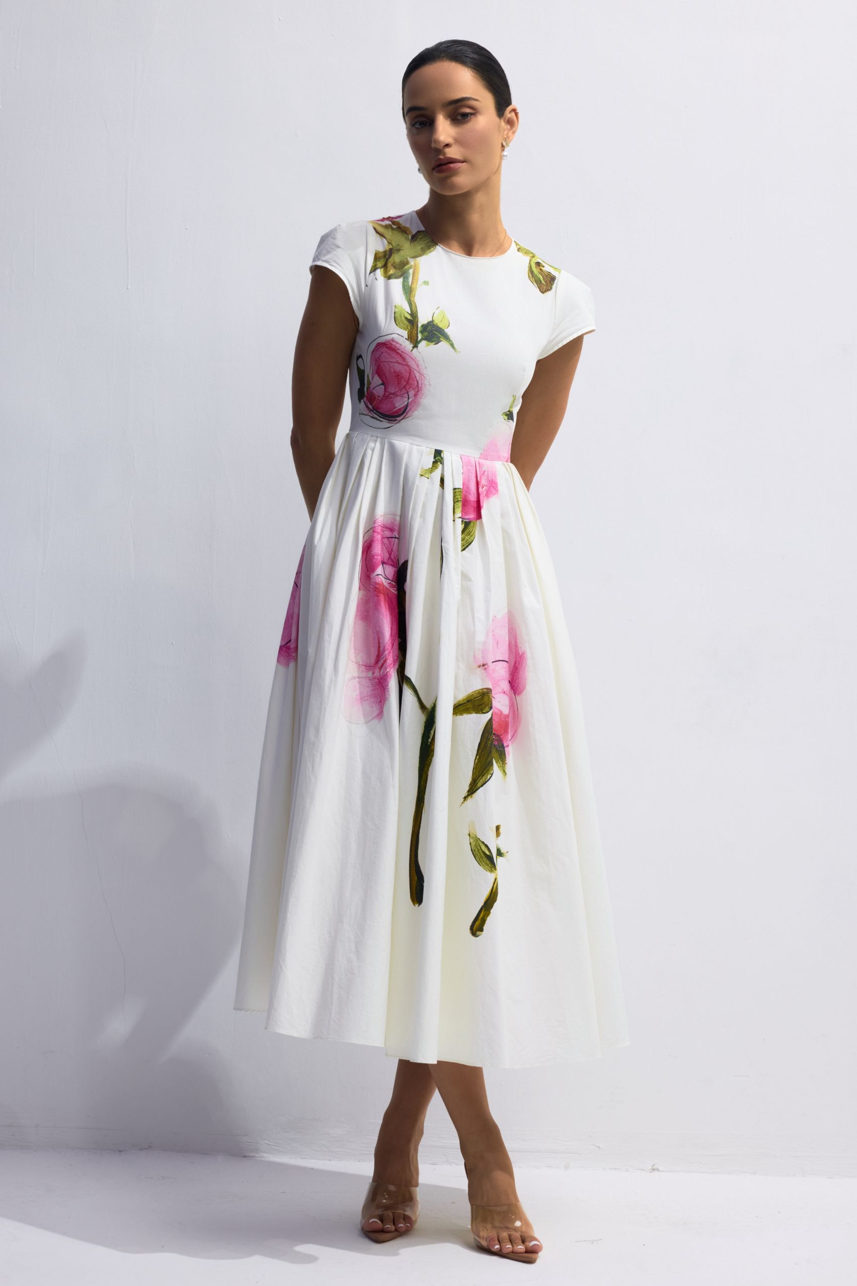 Floral Midi Dress – Rose Printed Cap Sleeve Style for Elegant Days - sunfere