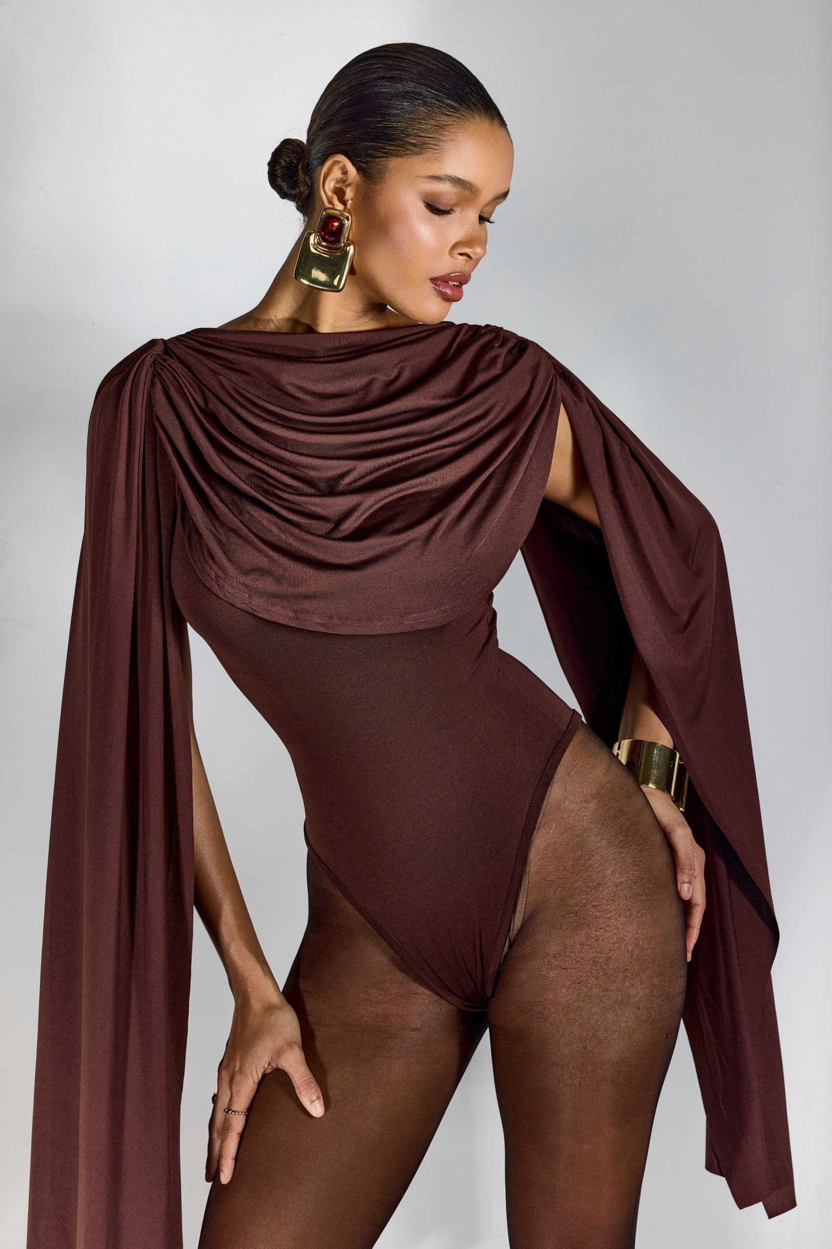 Agatha Drape Bodysuit | Brown Ruched One-Piece - sunfere