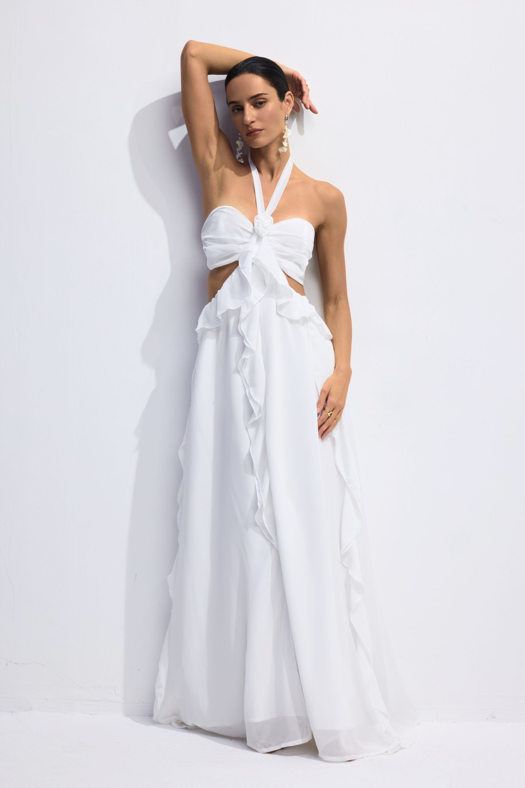 Halter Cut-Out Ruffle Dress｜Tropical White Vacation Dresses - sunfere