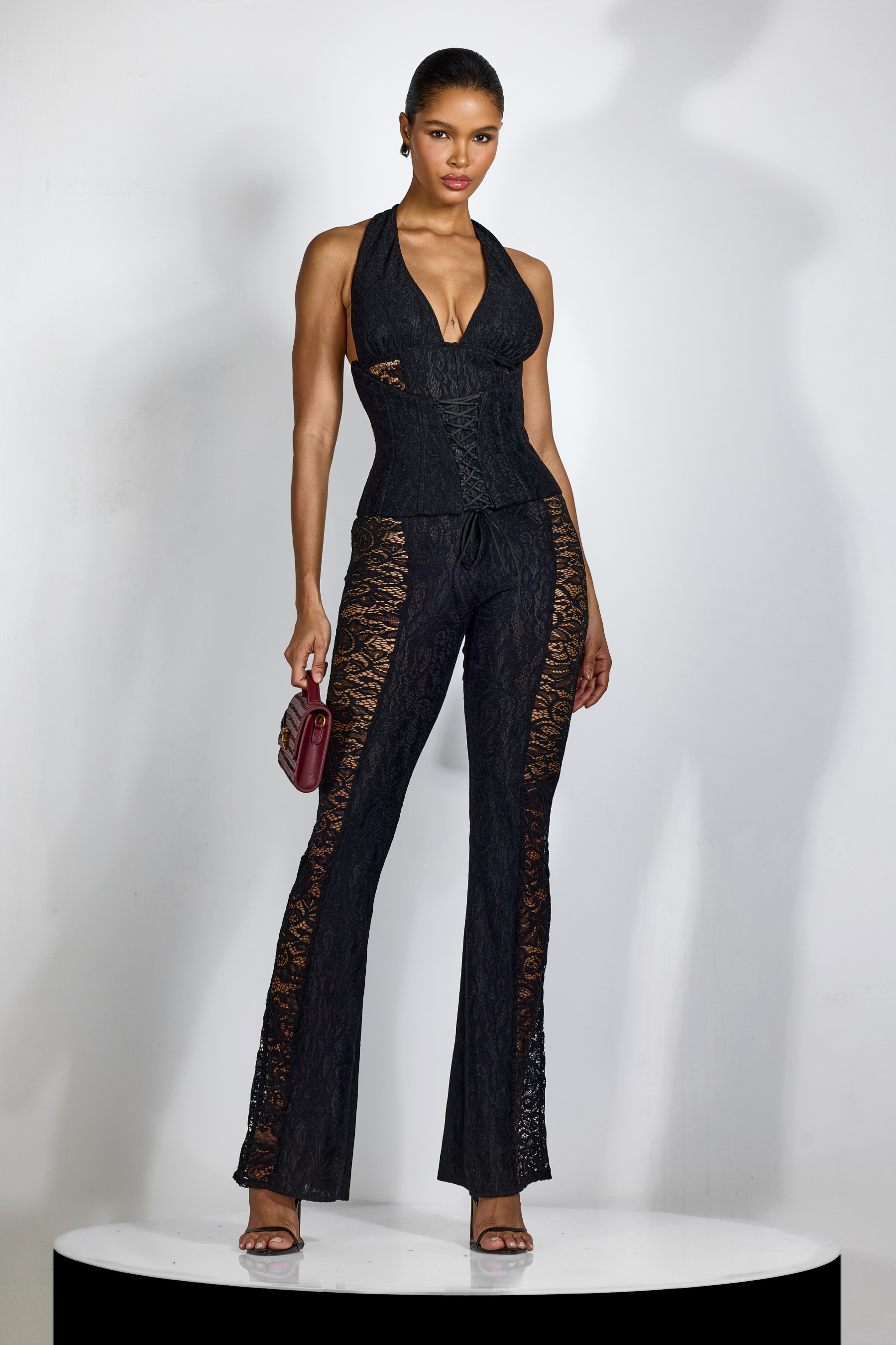Halter Jumpsuit with Sheer Lace | Evening Party Dress | Sunfere
