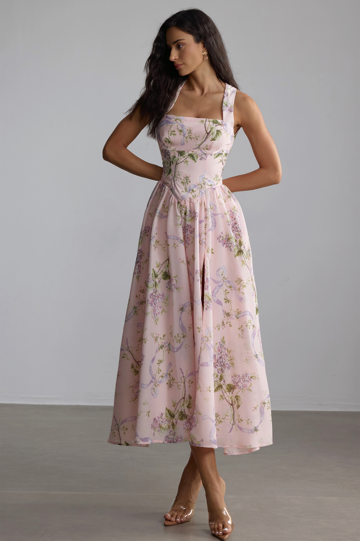 Elise Floral Open Back Midi Dress | Pink Bow Detail - sunfere
