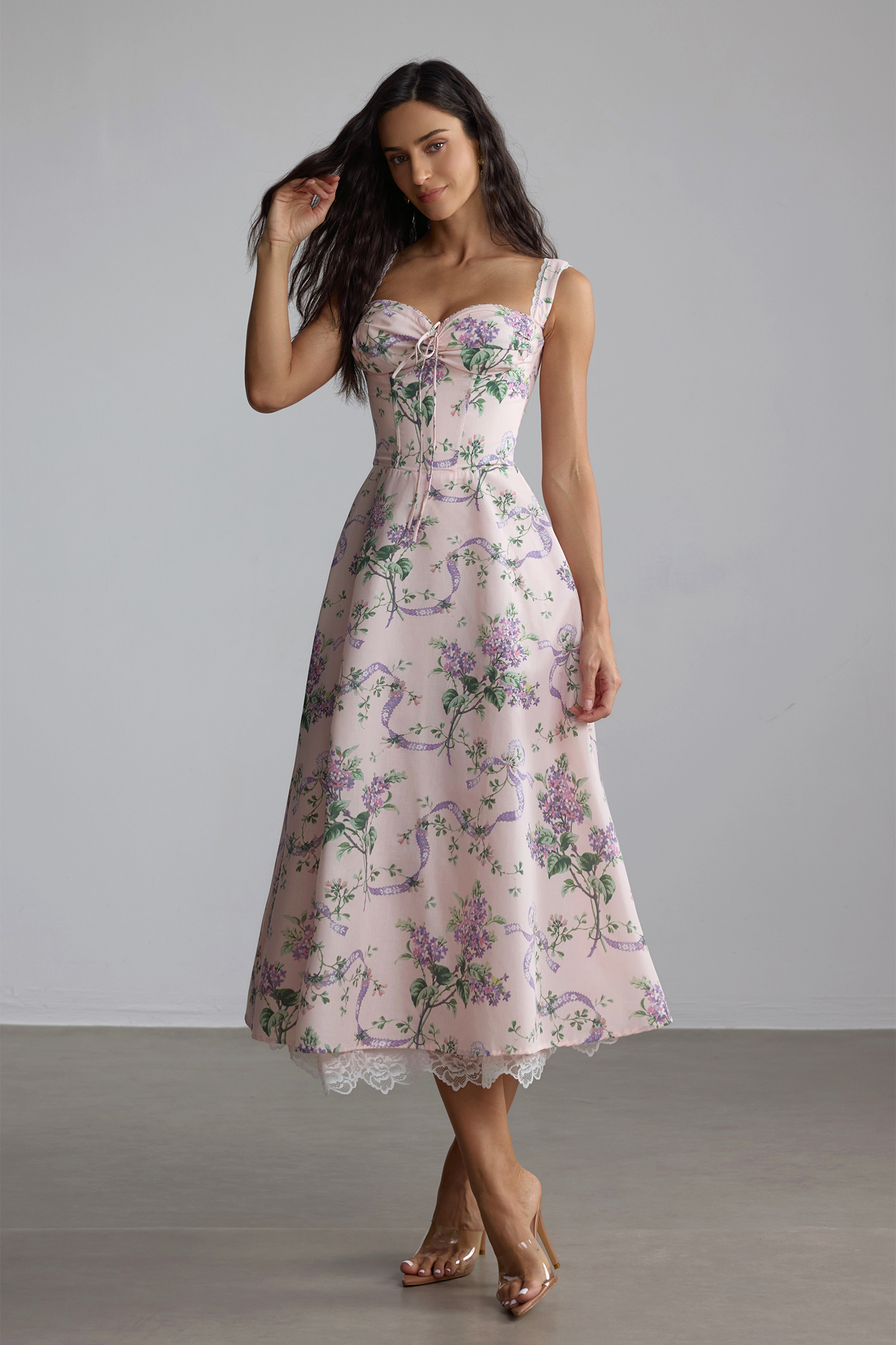 Maureen Floral Print Lace Trim Midi Dress