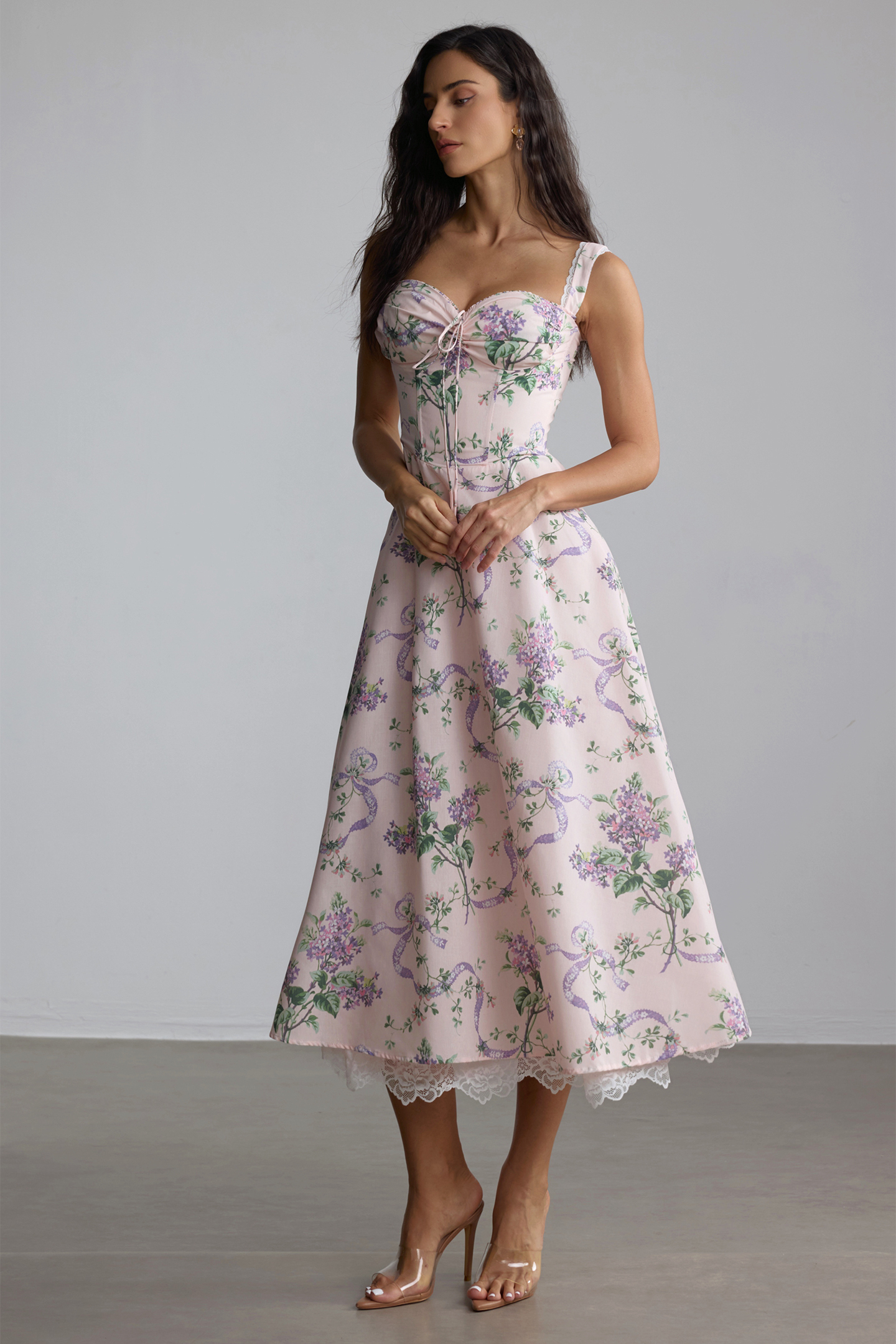 Maureen Floral Print Lace Trim Midi Dress