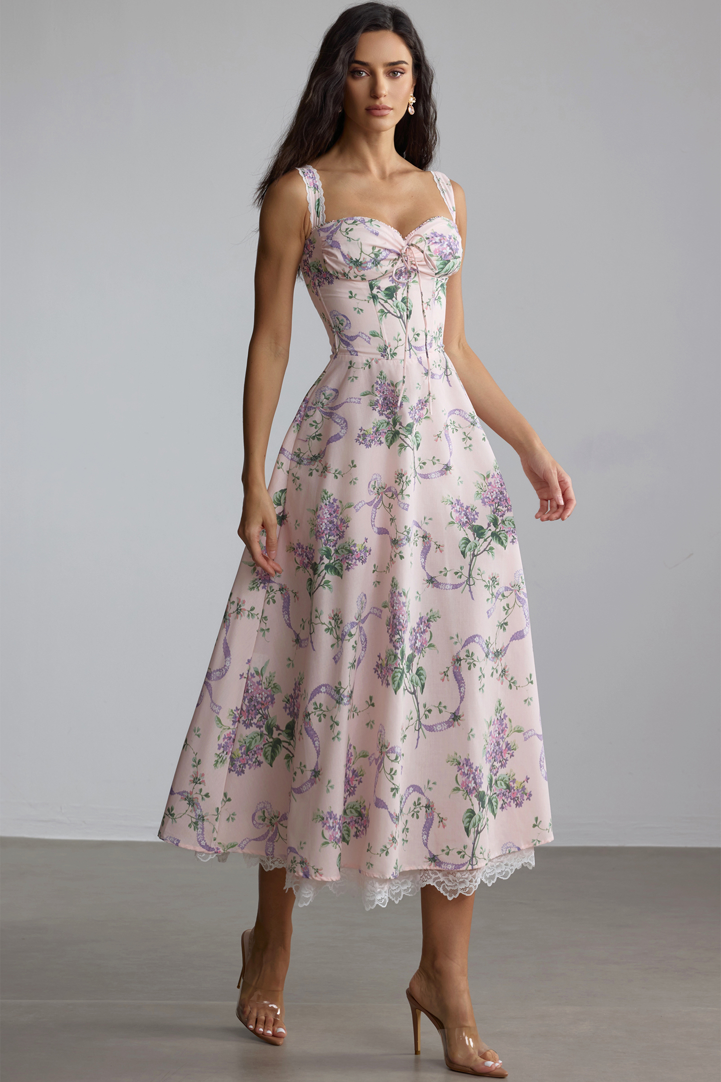 Maureen Floral Print Lace Trim Midi Dress