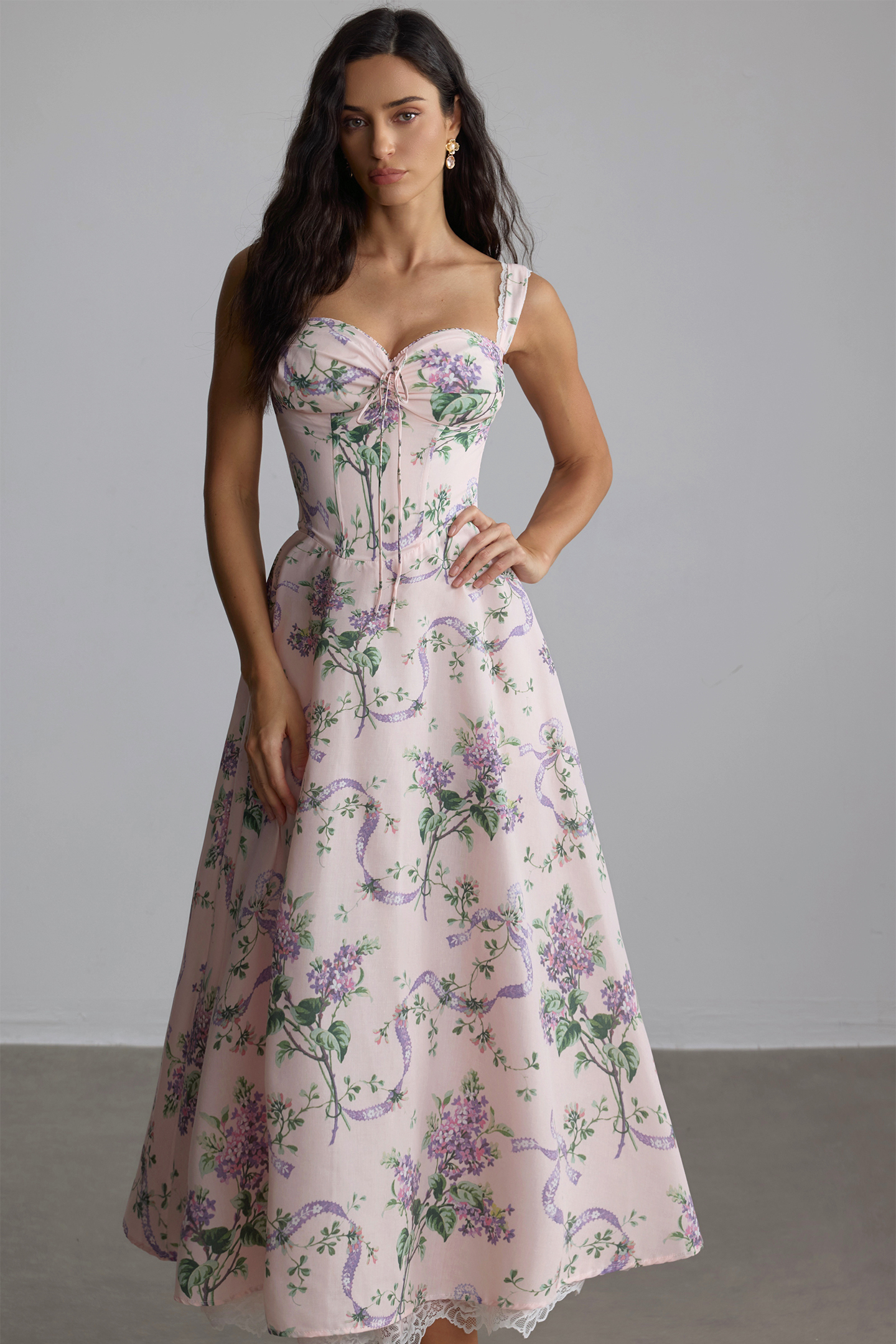 Maureen Floral Print Lace Trim Midi Dress
