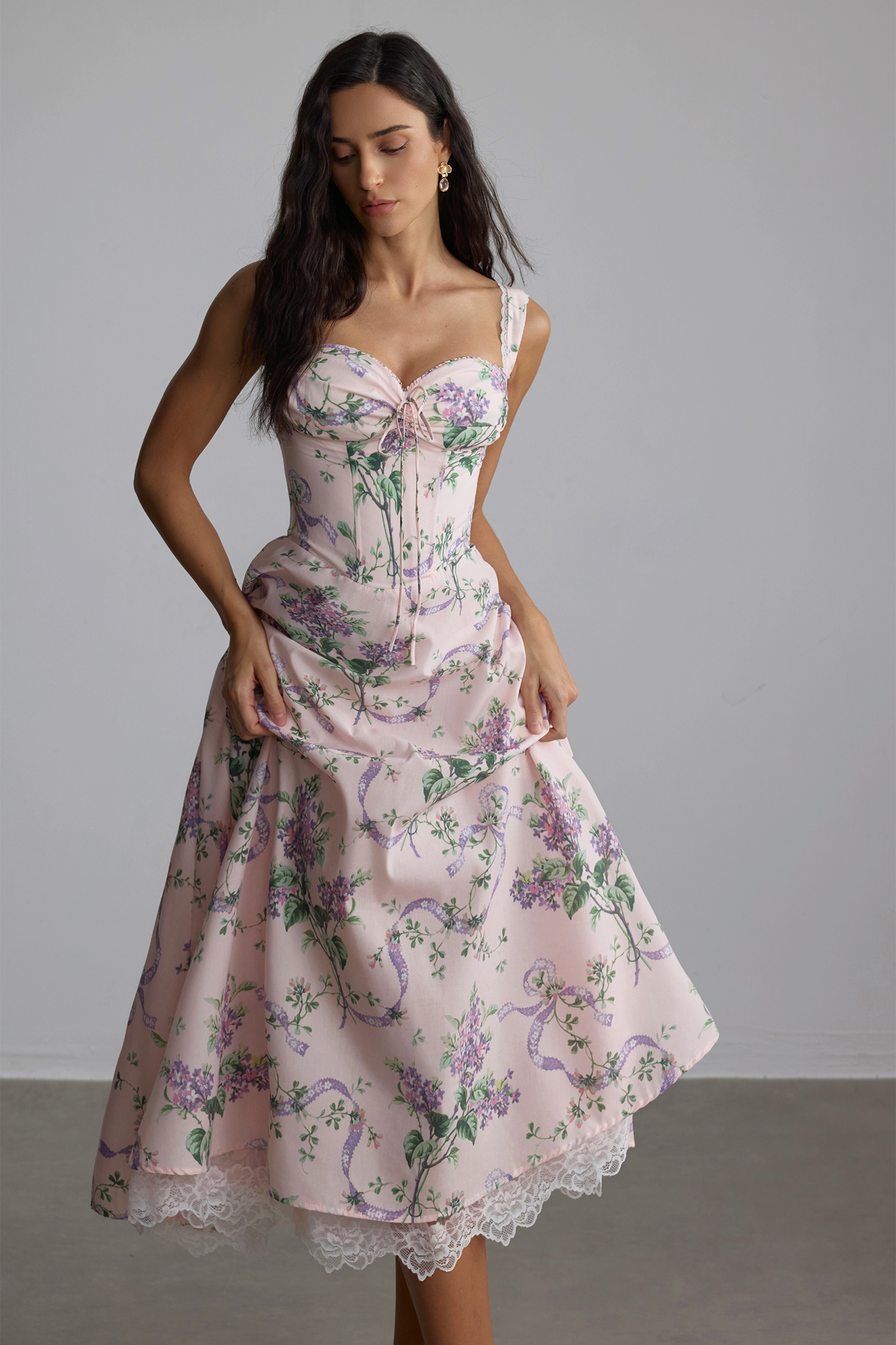 Maureen Floral Print Lace Trim Midi Dress