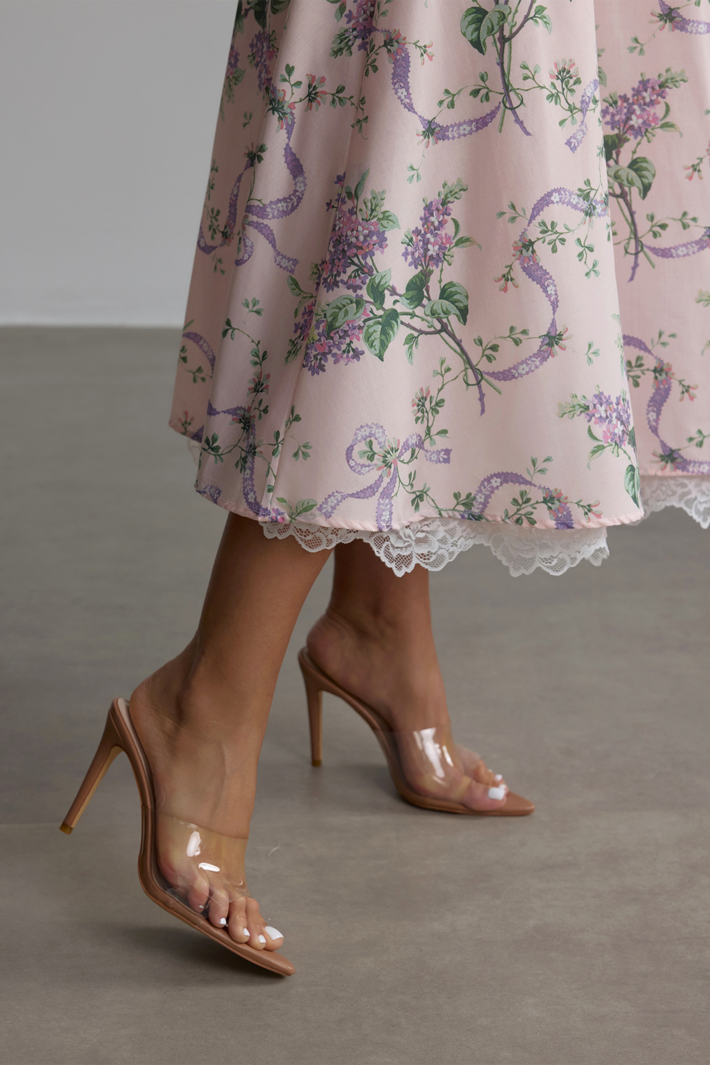 Maureen Floral Print Lace Trim Midi Dress