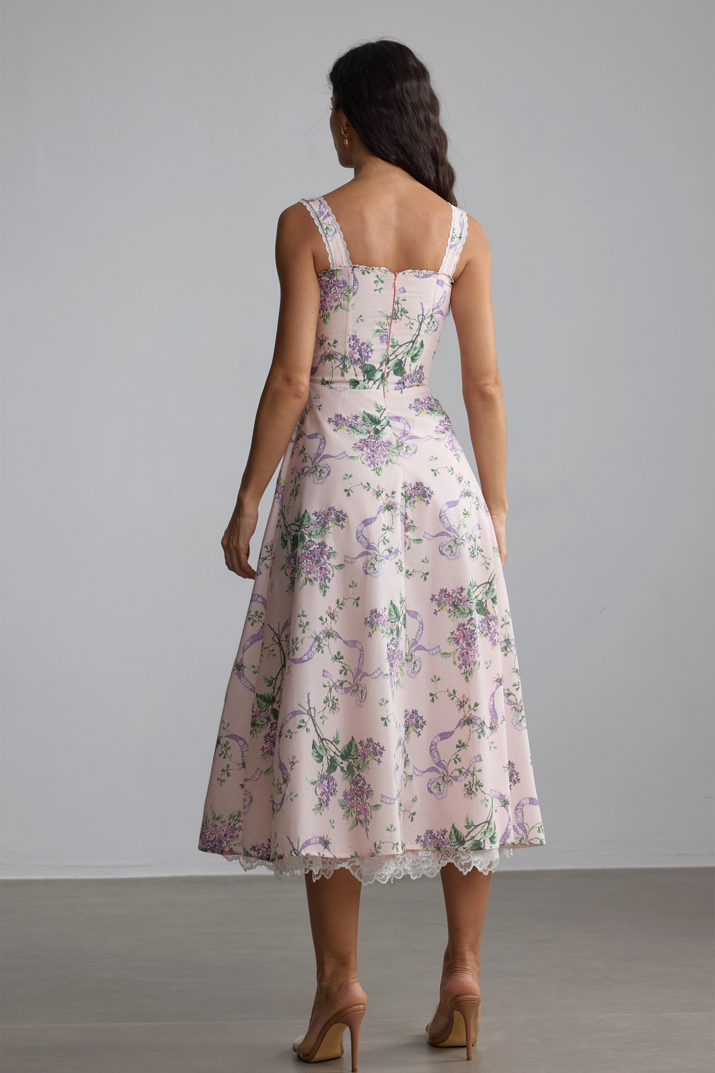 Maureen Floral Print Lace Trim Midi Dress