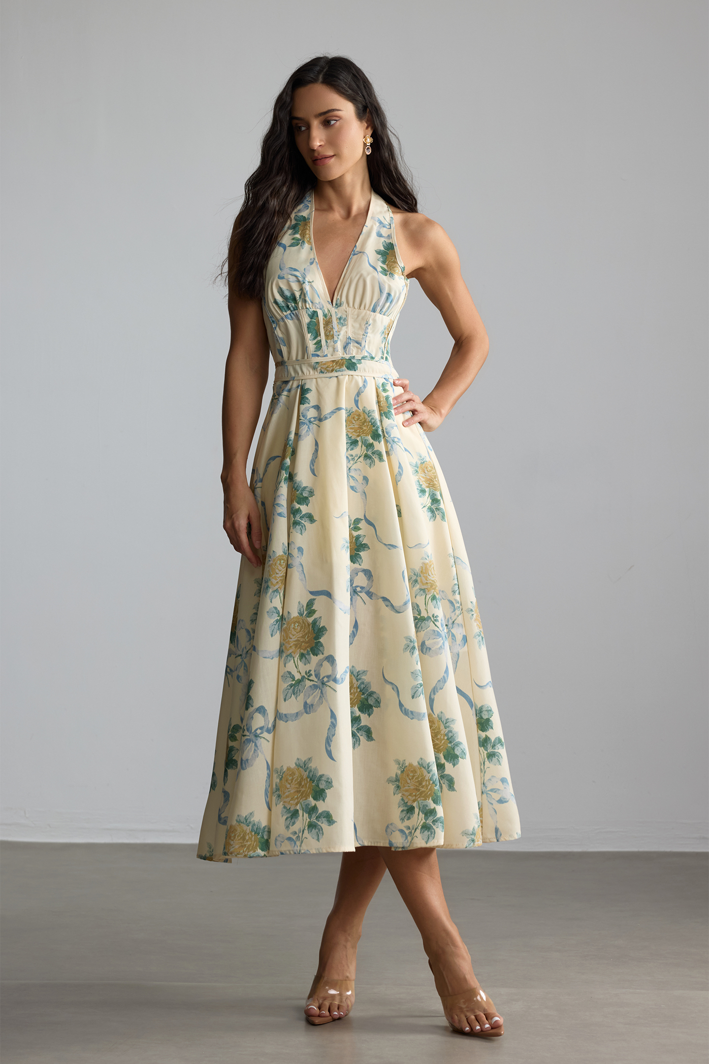 Loralie Deep V Floral Midi Dress | Yellow Corset Halter - sunfere