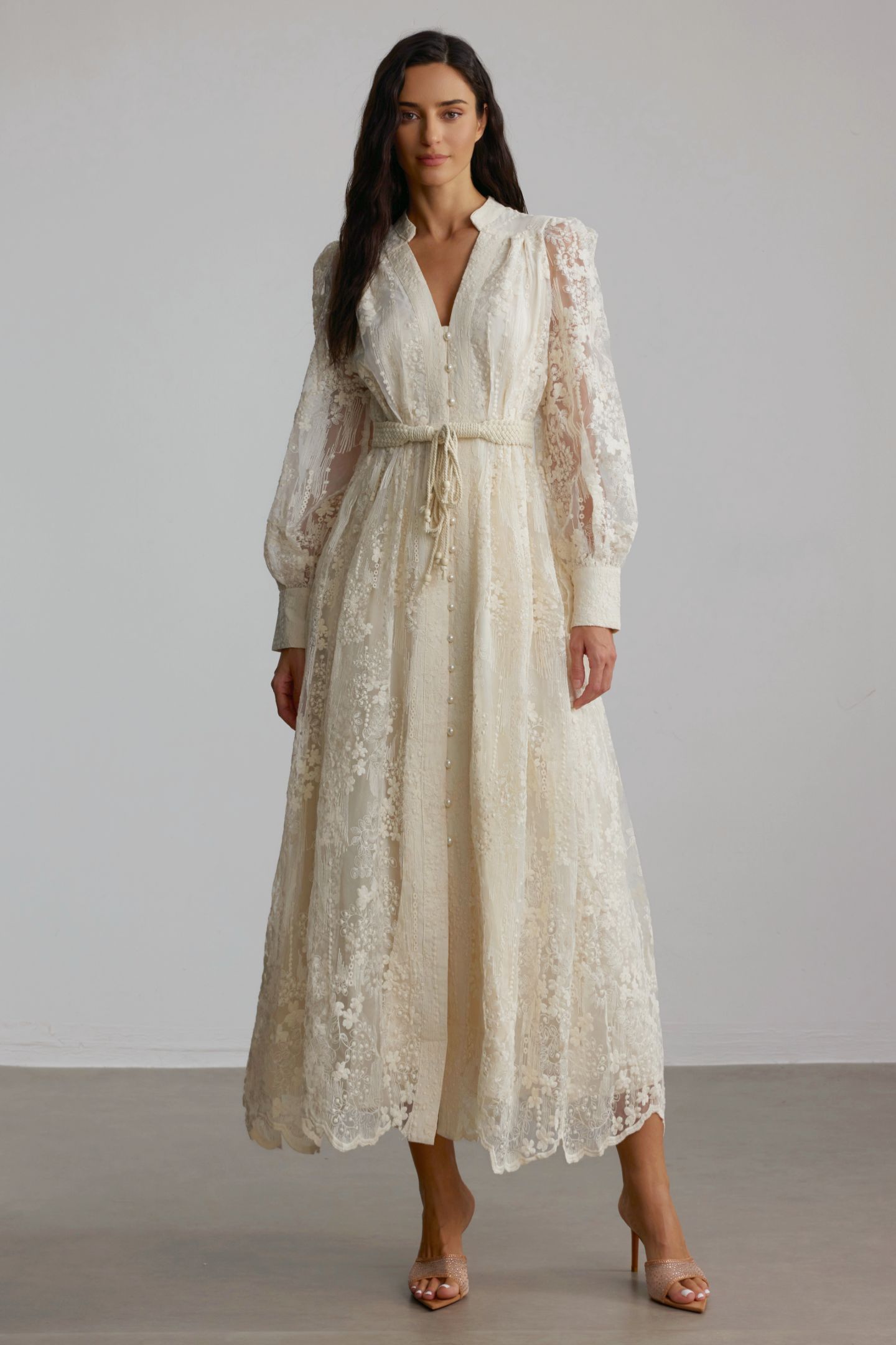 Madeline Lace Embroidered Midi Dress | Apricot Pearl Detail - sunfere