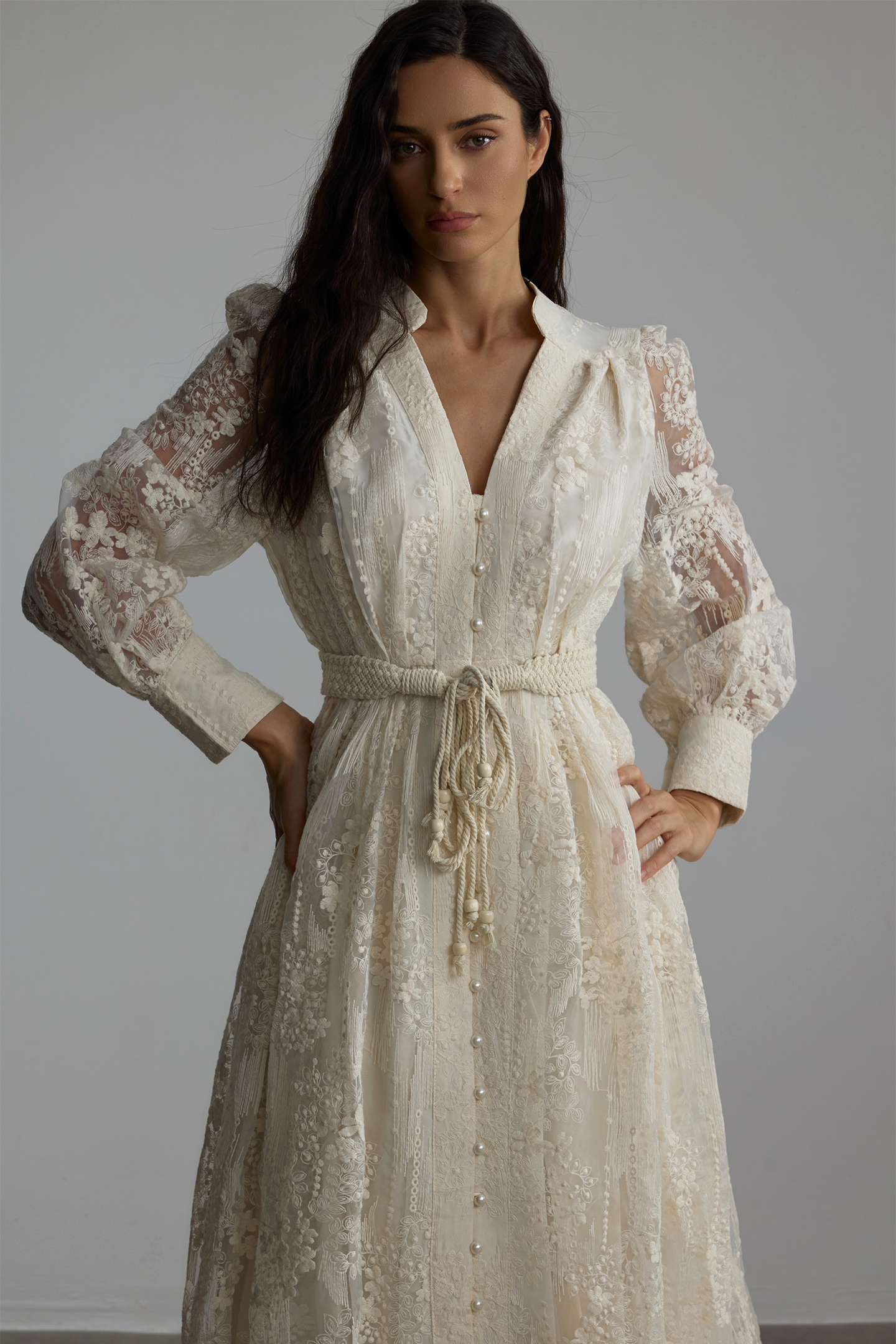 Madeline V-Neck Lace Embroidered Midi Dress