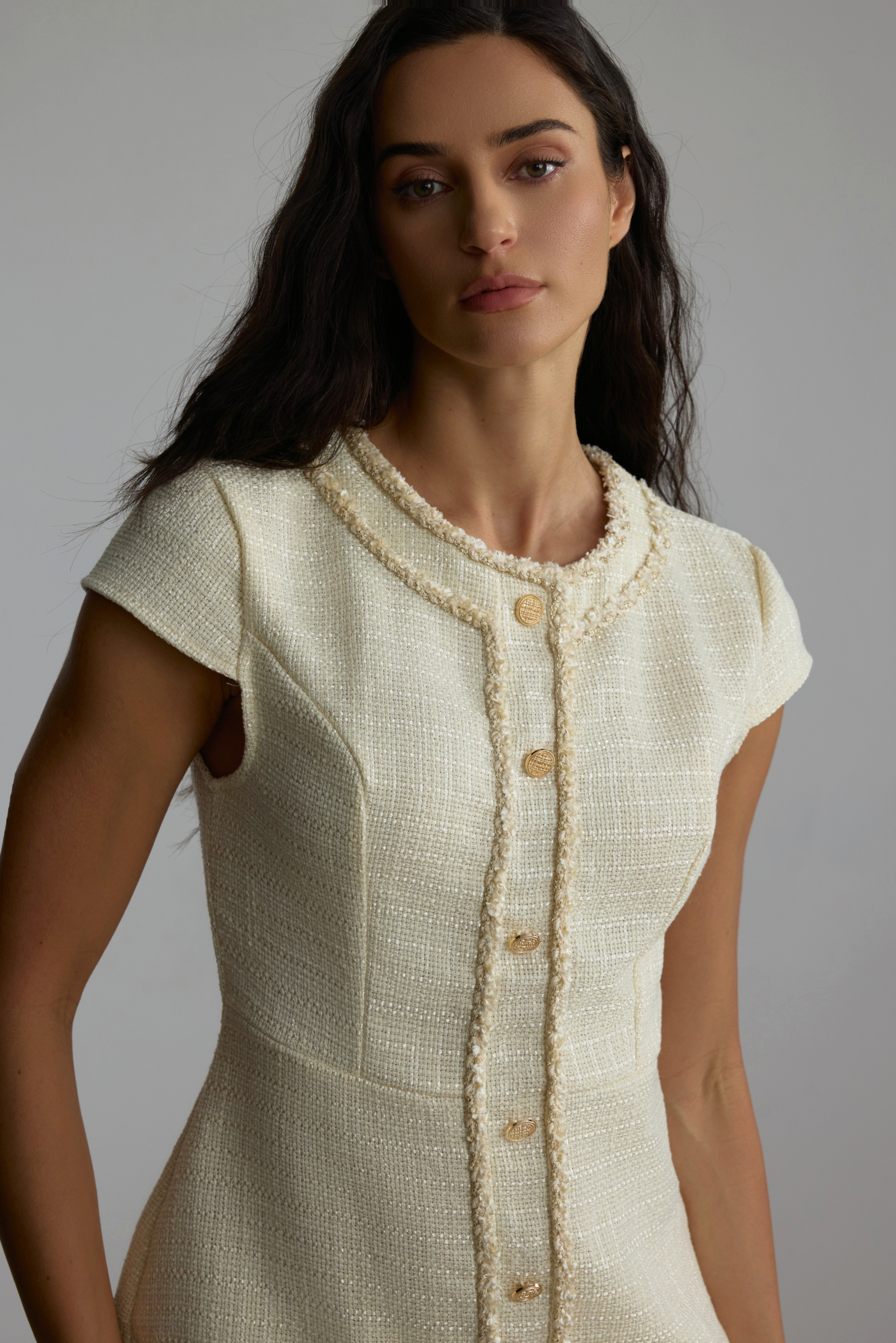 Sally Cap Sleeve Pleated Tweed Mini Dress