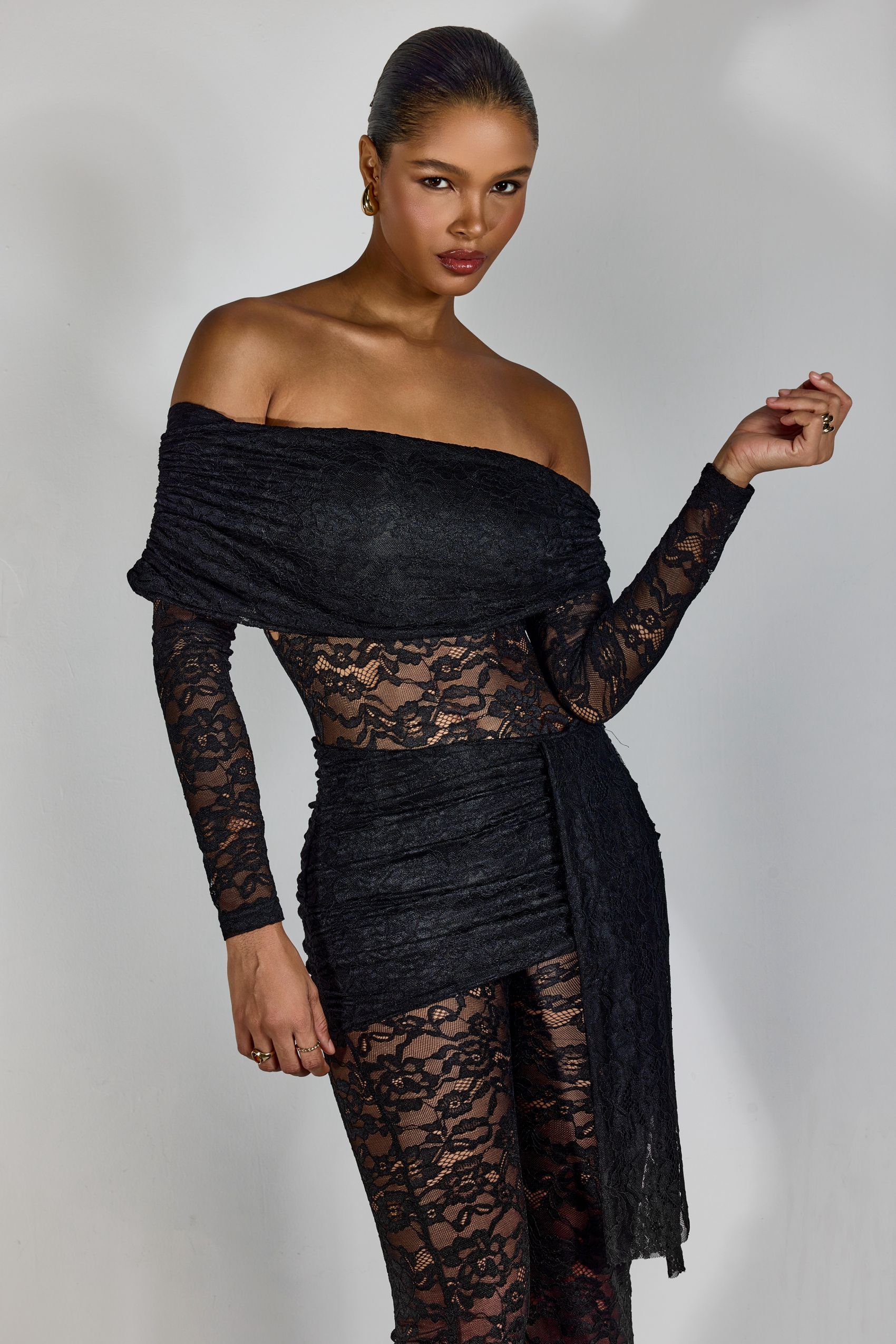 Nina Off Shoulder Sheer Lace Jumpsuit