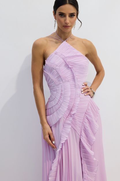 Nina Asymmetry Pleated Halterneck Midi Dress
