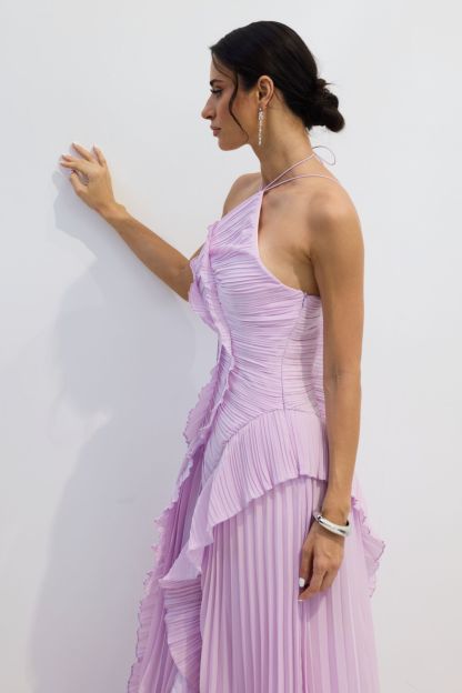 Nina Asymmetry Pleated Halterneck Midi Dress