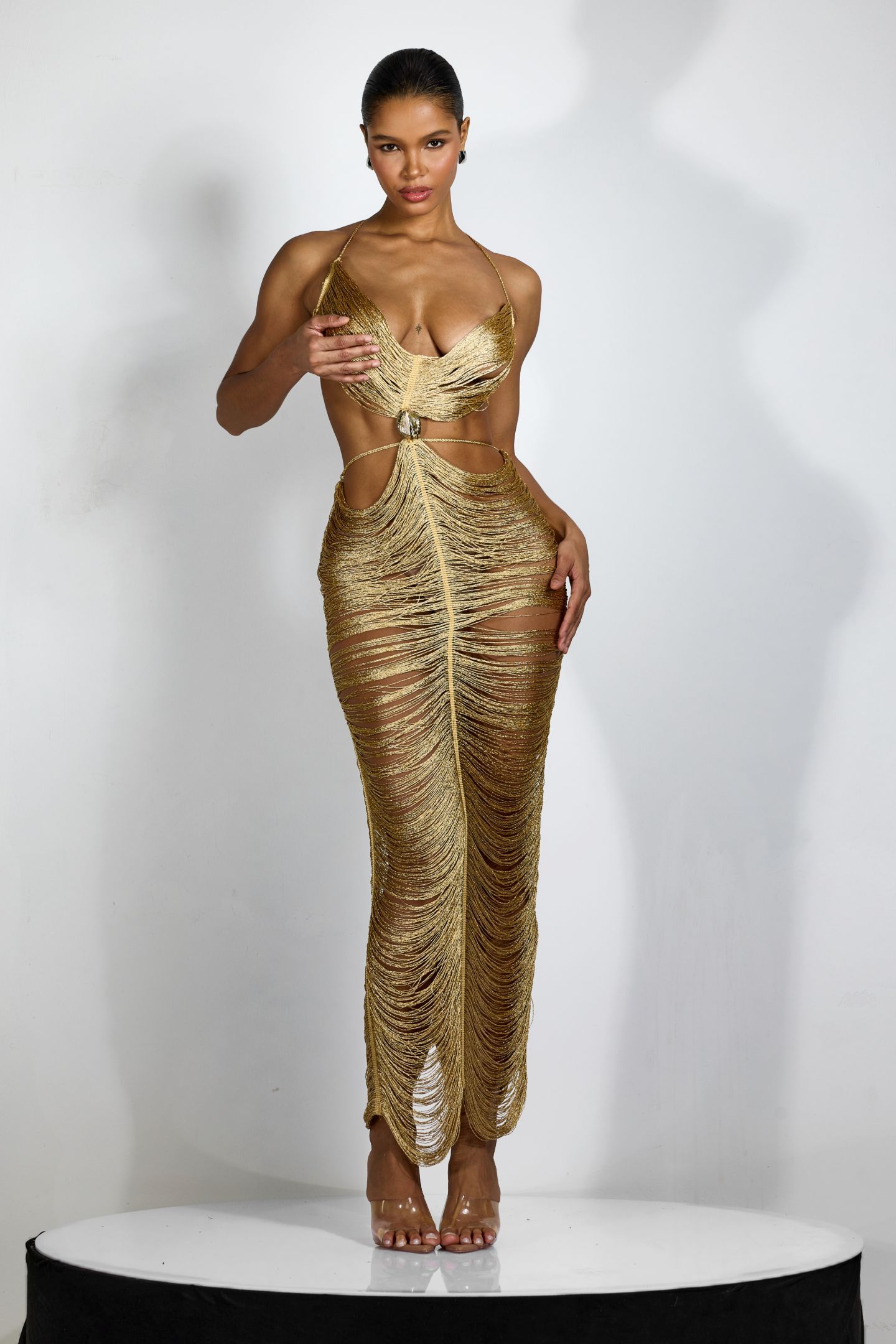 Edna Plunge Neck Fringe Maxi Dress