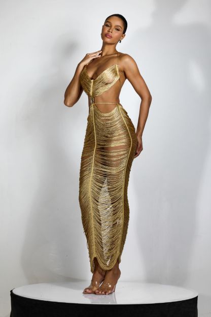 Edna Plunge Neck Fringe Maxi Dress