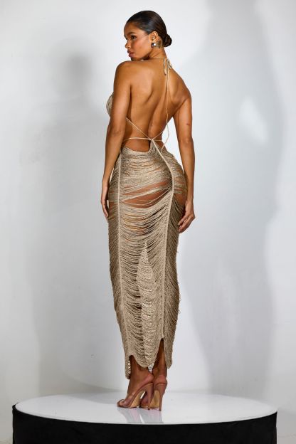 Edna Plunge Neck Fringe Maxi Dress